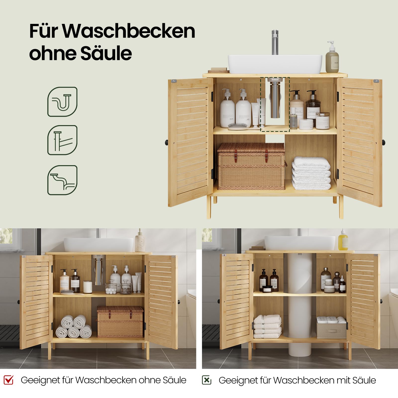 EUGAD Waschbeckenunterschrank Bambus, Badezimmer Unterschrank, 60 x 60 x 30 cm, Waschtischunterschrank mit 2 Lamellentüren 1 Verstellbare Ablage, Natur