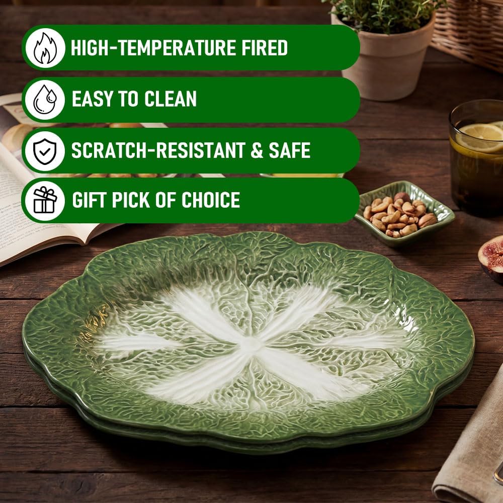 KXZ 2-Piece Green Ceramic Cabbage Plates, 13.5 inch. Versatile for Sushi, Snacks, Appetizers, Salads, Desserts. Microwave & Oven Safe, Stylish Dinnerware for Parties, Restaurants. Fun Kitchen Trays.