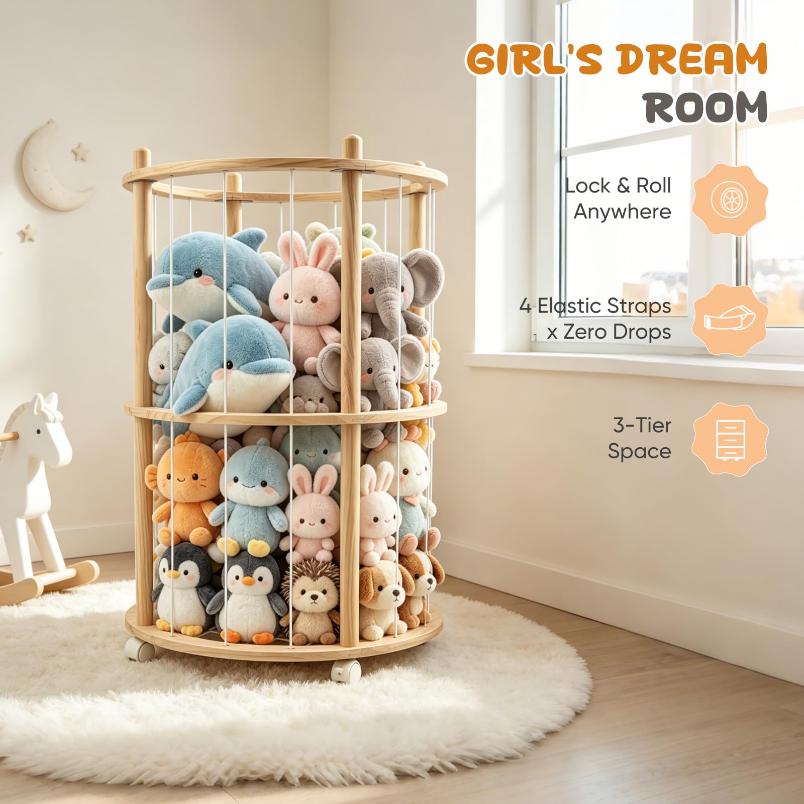 Holz Kuscheltier Aufbewahrung, Stofftier Aufbewahrung Mit 360°Bremse-Ausgestattete Räder, Zweistufig Plüschtier Lagerung für Spielzimmer, Kinderzimmer, Schlafzimmer, Kinderzimmer (95*51 cm)