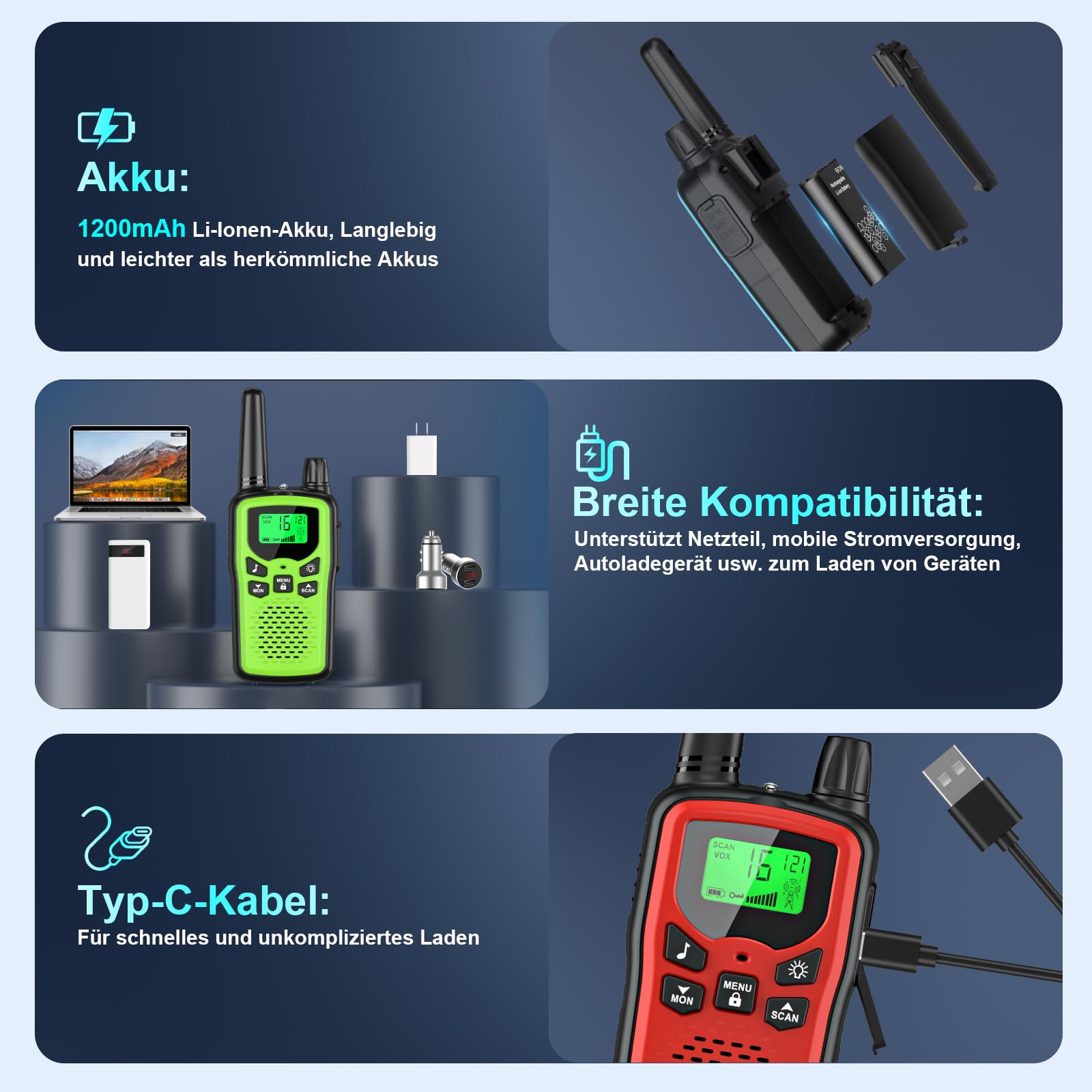 Walkie Talkie Kinder 4er Set, Walky Talky mit 1200mAh Aufladbar Akku, Große Reichweite 5km Walki Talki mit Li-ion Akku, Funkgeräte mit 16 Kanäle für Camping, Freien, Wandern