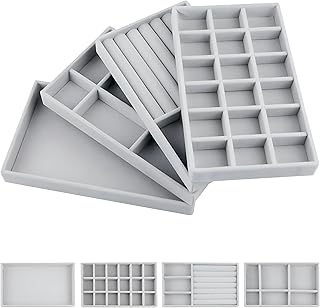 عرض مجوهرات قابل للتعديل - صواني أنيقة مع أقسام قابلة للإزالة لعرض الخواتم والأقراط وغيرها من الأشياء القيمة (مجموعه من 8 قطع)