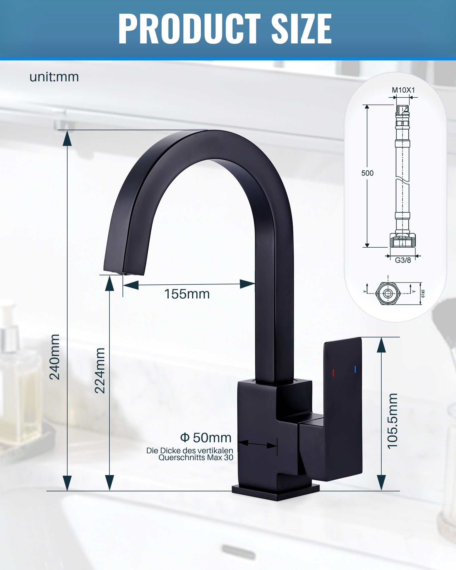 iVIGA Rubinetto da cucina, girevole a 360°, rubinetto da cucina ad alta pressione, in acciaio inox, per cucina, camper, bagno(Nero)