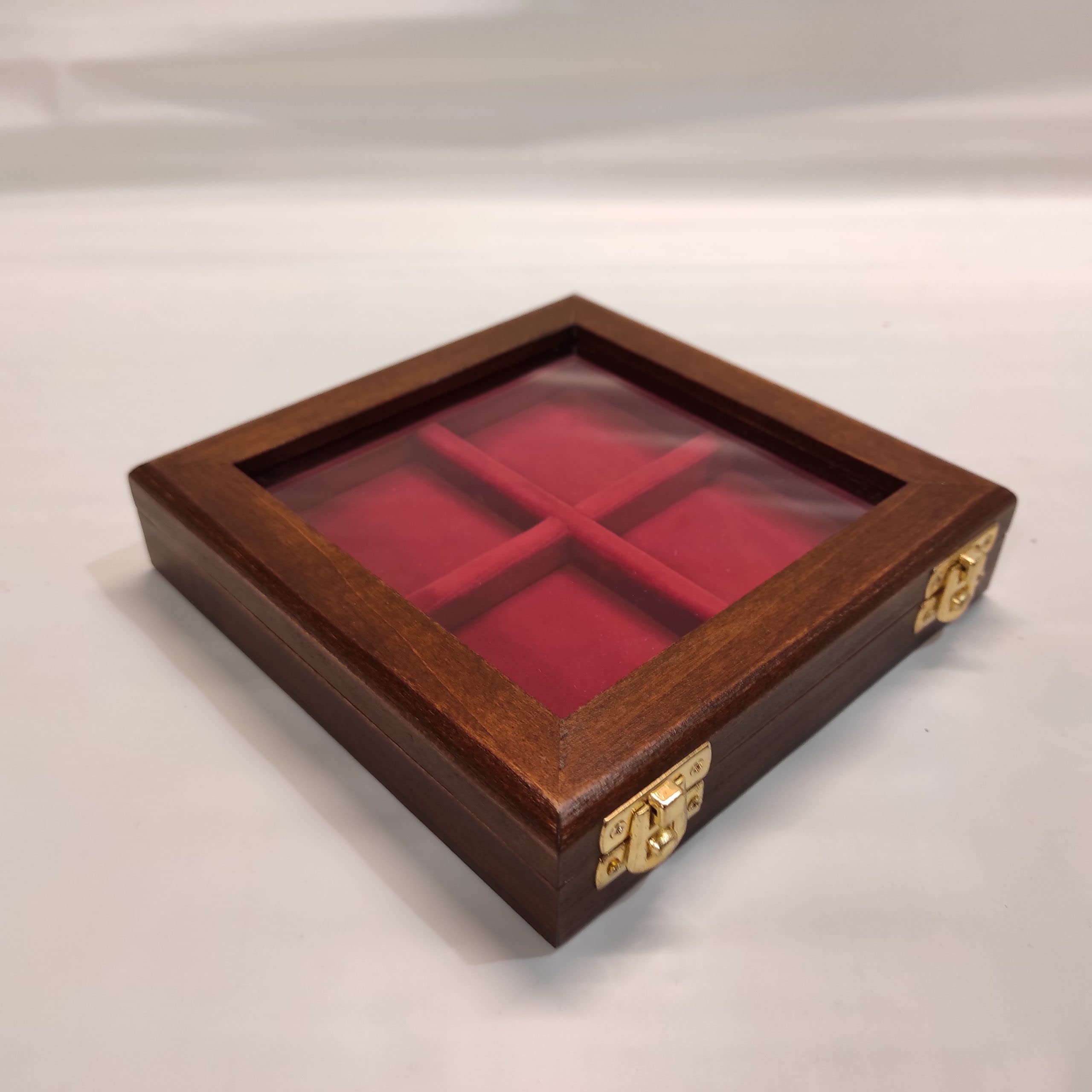 Expositor de Madera para Monedas y medallas 4 Compartimentos 60x60 mm con Tapa de Cristal, monetario Artesanal de colección, numismática, Interior en Terciopelo
