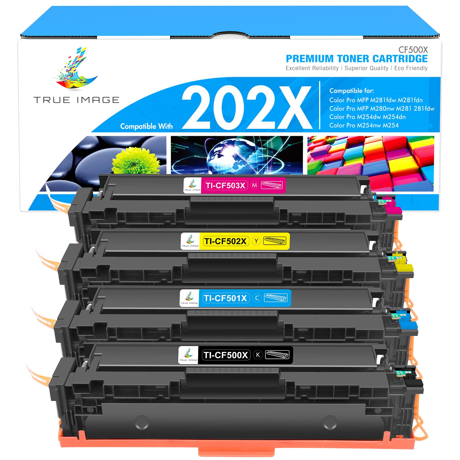 TRUE IMAGE Compatible Toner Cartridge Replacement for HP 202X CF500X CF500A 202A Color Laserjet Pro MFP M281fdw M281cdw M254dw M281fdn 281fdw M254 M281 Toner Printer (Black Cyan Yellow Magenta 4 Pack)