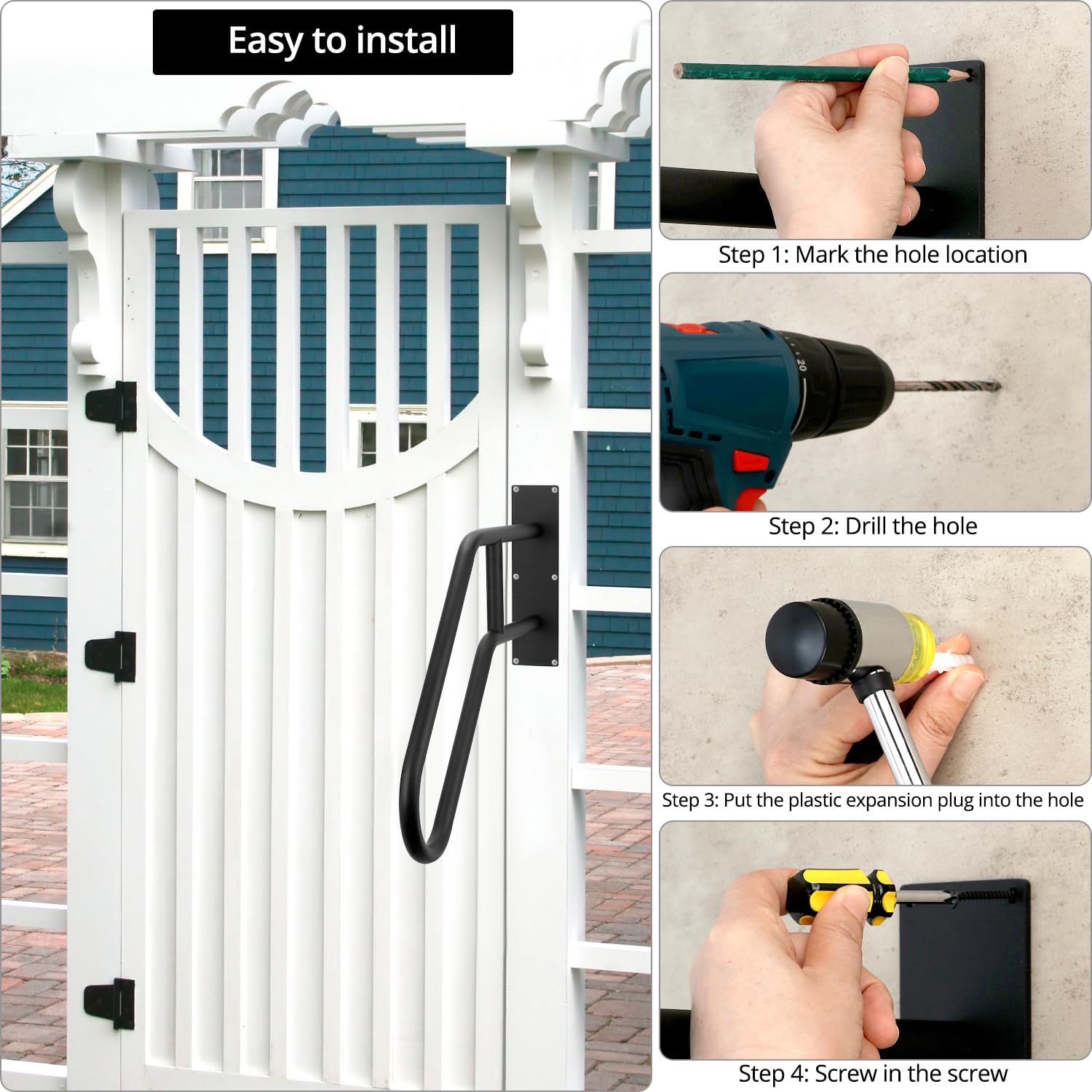QWORK® Barandillas de seguridad para exteriores de 66 cm, barandillas para 1-3 pasos, manija de seguridad en forma de U, para jardines, hoteles, escuelas, entrada de porches, negro