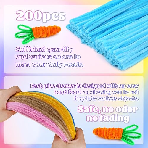 Miniatura 3 de 200 limpiapipas, suministros de limpieza de tuberías, tallos de felpilla con caja de almacenamiento transparente, limpiadores de tuberías azul claro