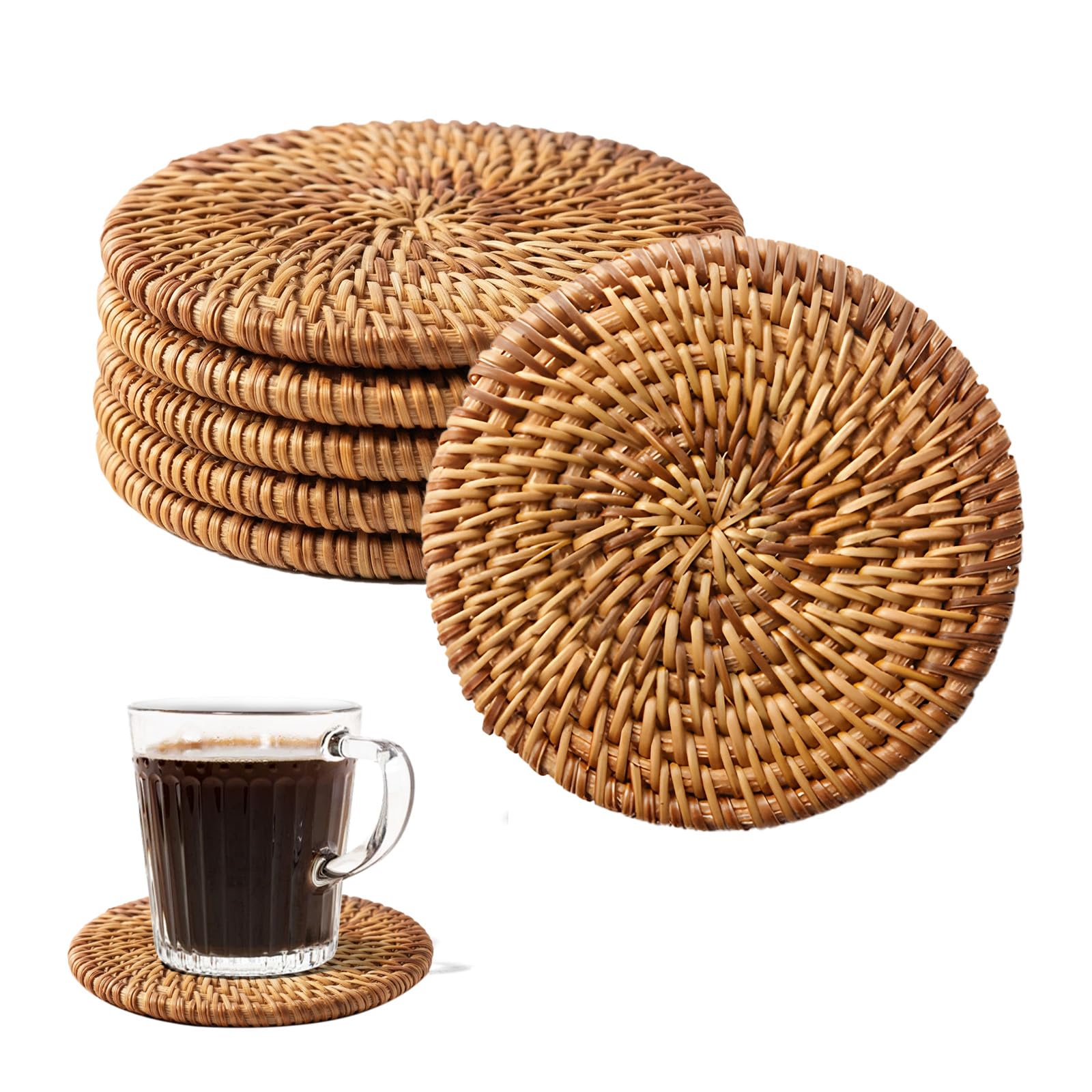 Rattan Coasters Set of 6 Round Woven Natural Heat Resistant Drink Mats for Table Kitchen Home Decor 10cm/ 4in
