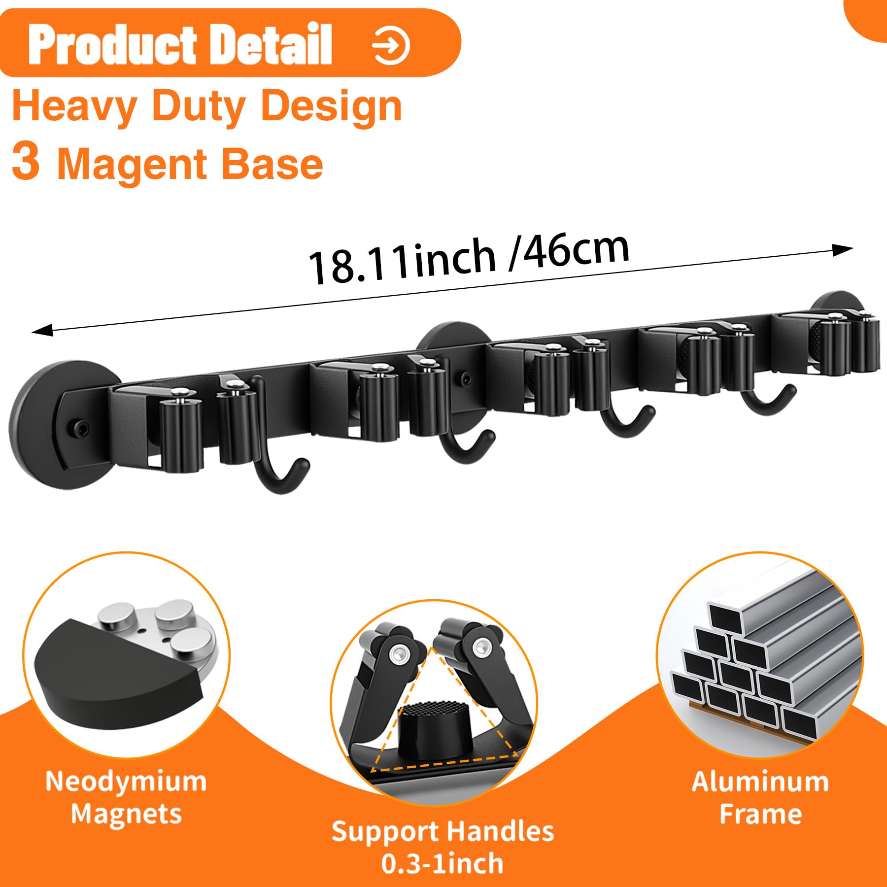 Magnetic Broom Holder - Wall Mount with 4 Hooks -2 Magnetic Broom Holder - Wall Mount with 4 Hooks -2