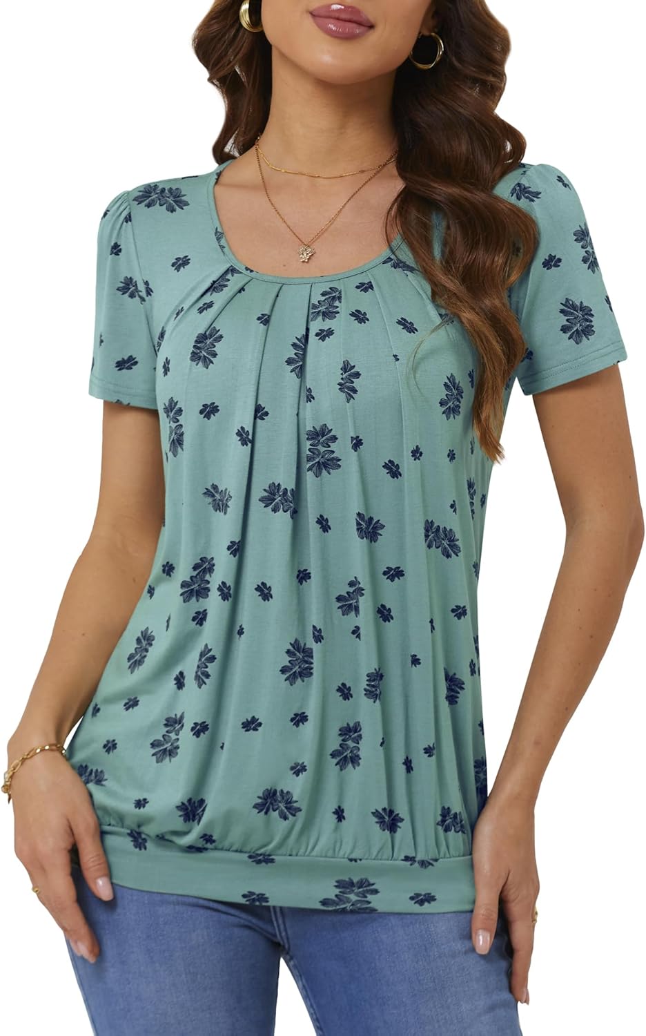 DJT Women's Short Sleeve Summer Tops Scoop Neck Pleated Front Casual Tee T Shirt - Image 2