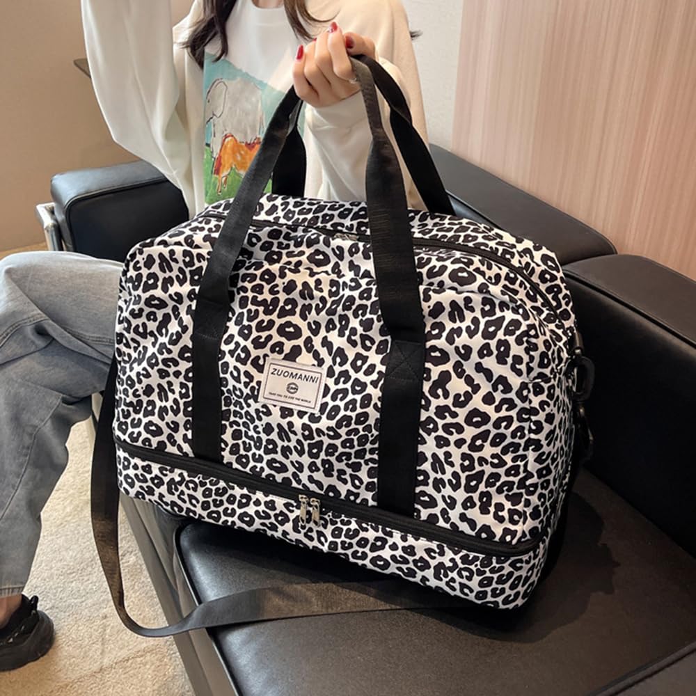 Sac de Sport Femme Grand, 42.43L, avec Compartiment Chaussures & Poche Humide, Sac de Voyage Léopard Bagage à Main Léger, Sacs de Sport Imperméable Femme pour Yoga/Weekend/Gym/Voyage, Noir
