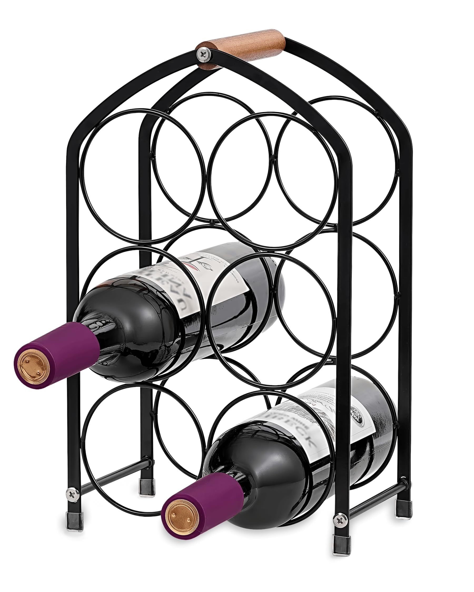 Ouseen Weinregal Metall Schwarz & Holz – Kleines Weinregal Stehend für 6 Flaschen | Weinständer & Weinflaschenhalter mit Griff | Modernes Flaschenregal für Küche & Schrank – Wine Rack