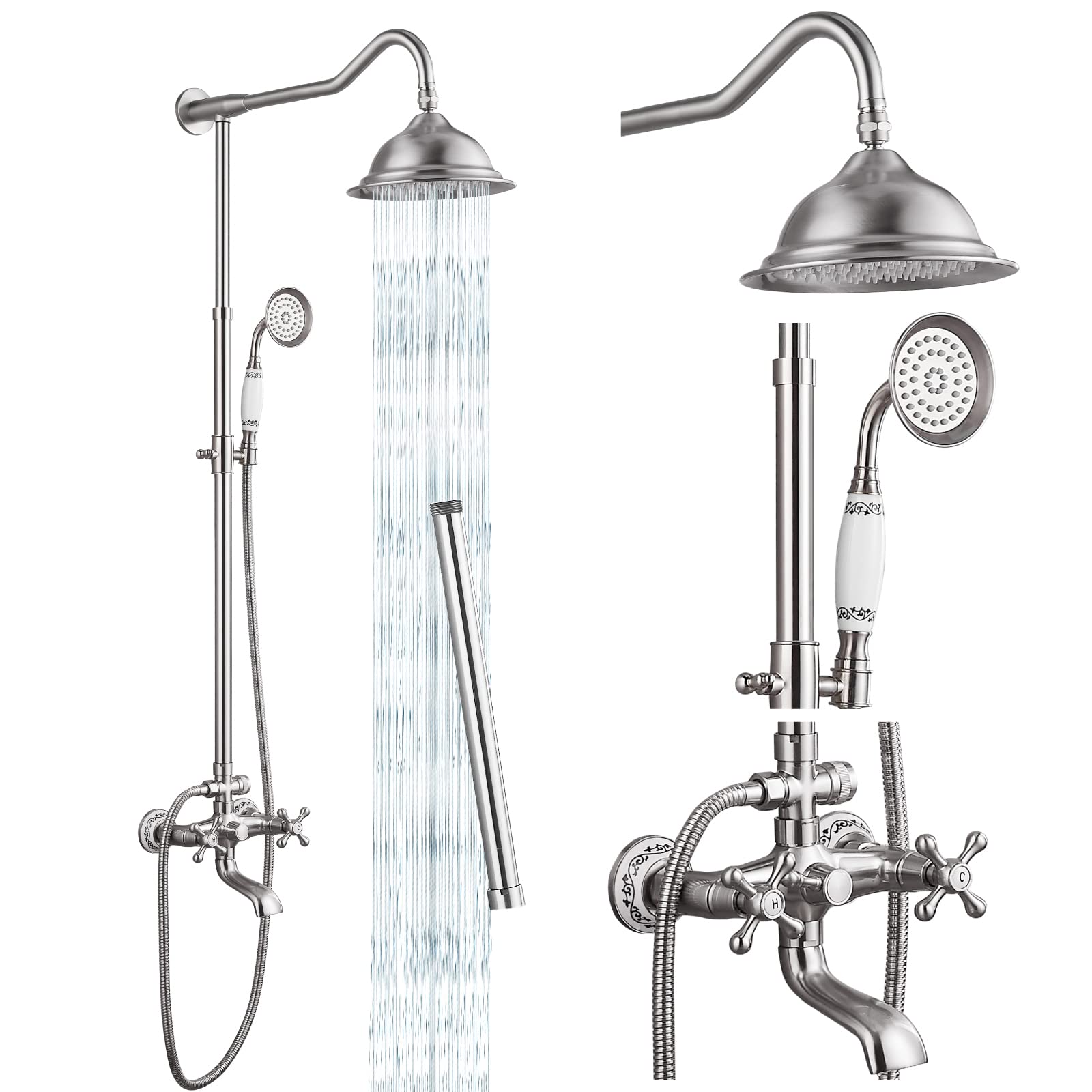 gotonovoShower System Set Complete Brushed Nickel 8 Rain Shower Faucet 2 Double Knobs Handle Triple Function Tub Spout Shower Fixture Unit 12 Inch Extention