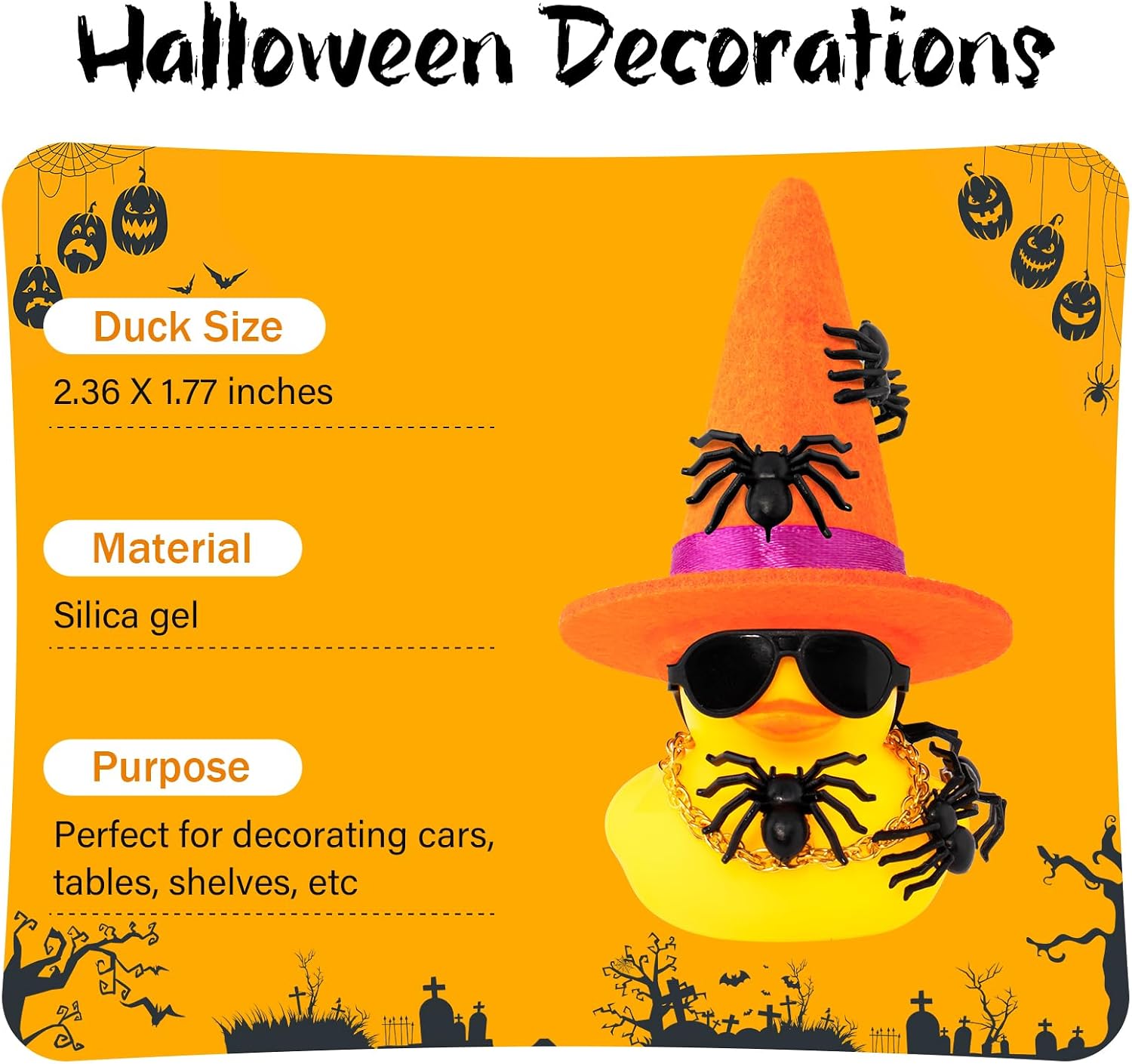 wonuu Spiders Rubber Ducks for Halloween, Car Dashboard Decorations Duck for Office Desk Ornament Accessories with Witch Hat Glasses Chain Spider (Orange)