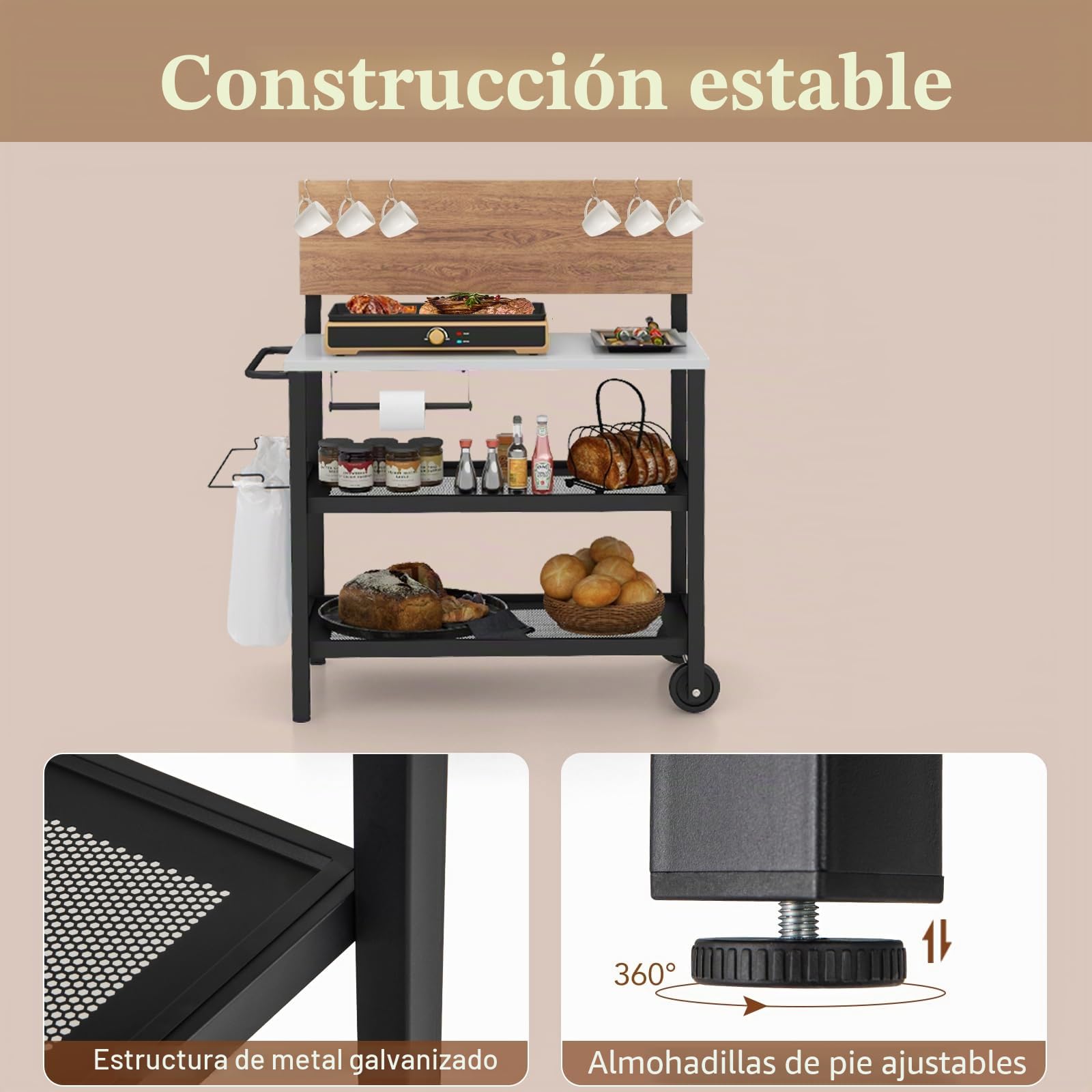 KOMFOTTEU Carro de Barbacoa con Tablero Plegable, Carrito de Servicio de 4 Niveles con 6 Ganchos, Toallero, Soporte para Bolsas de Basura, Carro para Parrilla de Metal con Ruedas