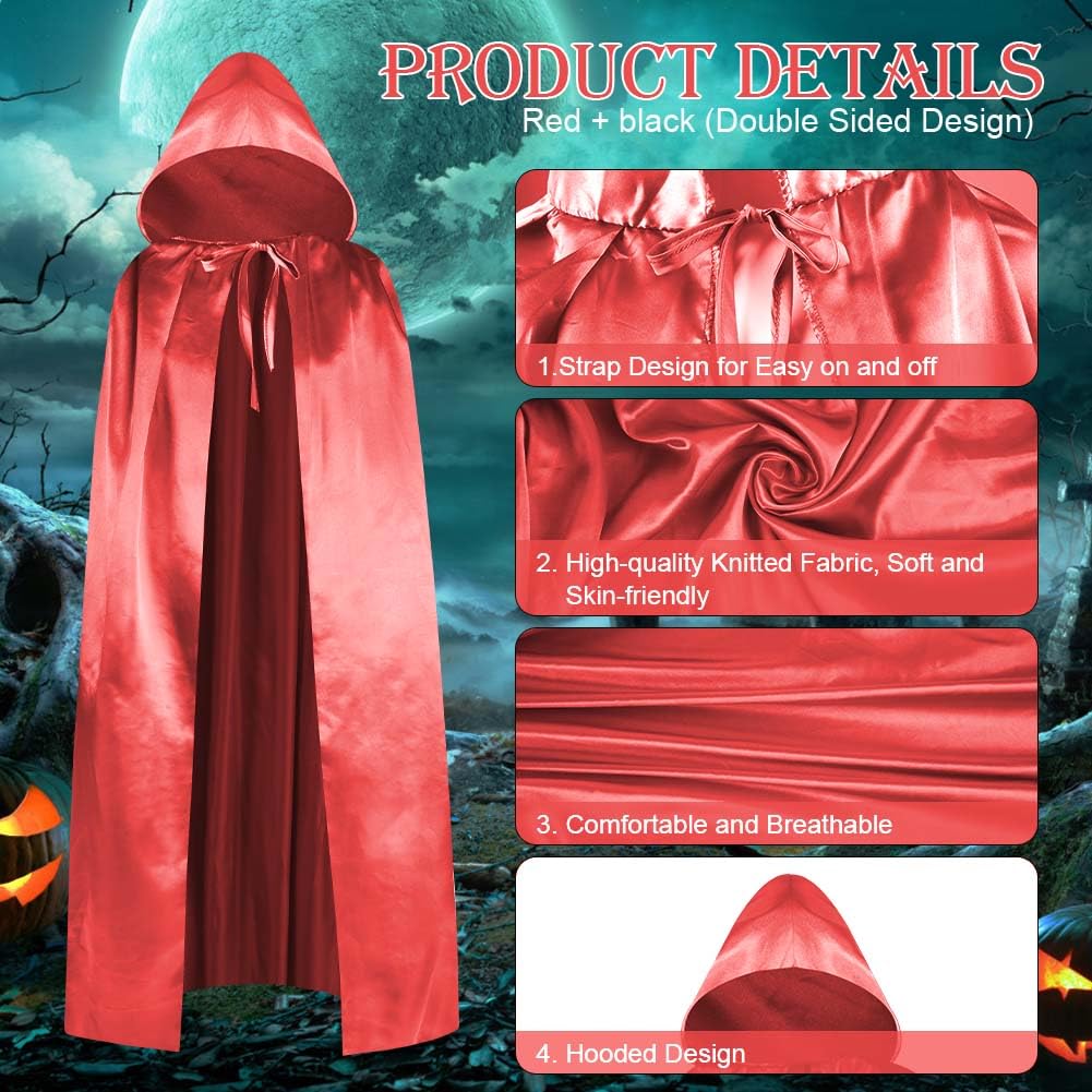Aomig Red Hooded Cloak Long Cape Grim Reaper Vampire Witch Carnival Halloween Adult Wizard Costume Wizard Cape Fancy Dress Costume Cosplay(150cm/59in) - Image 2