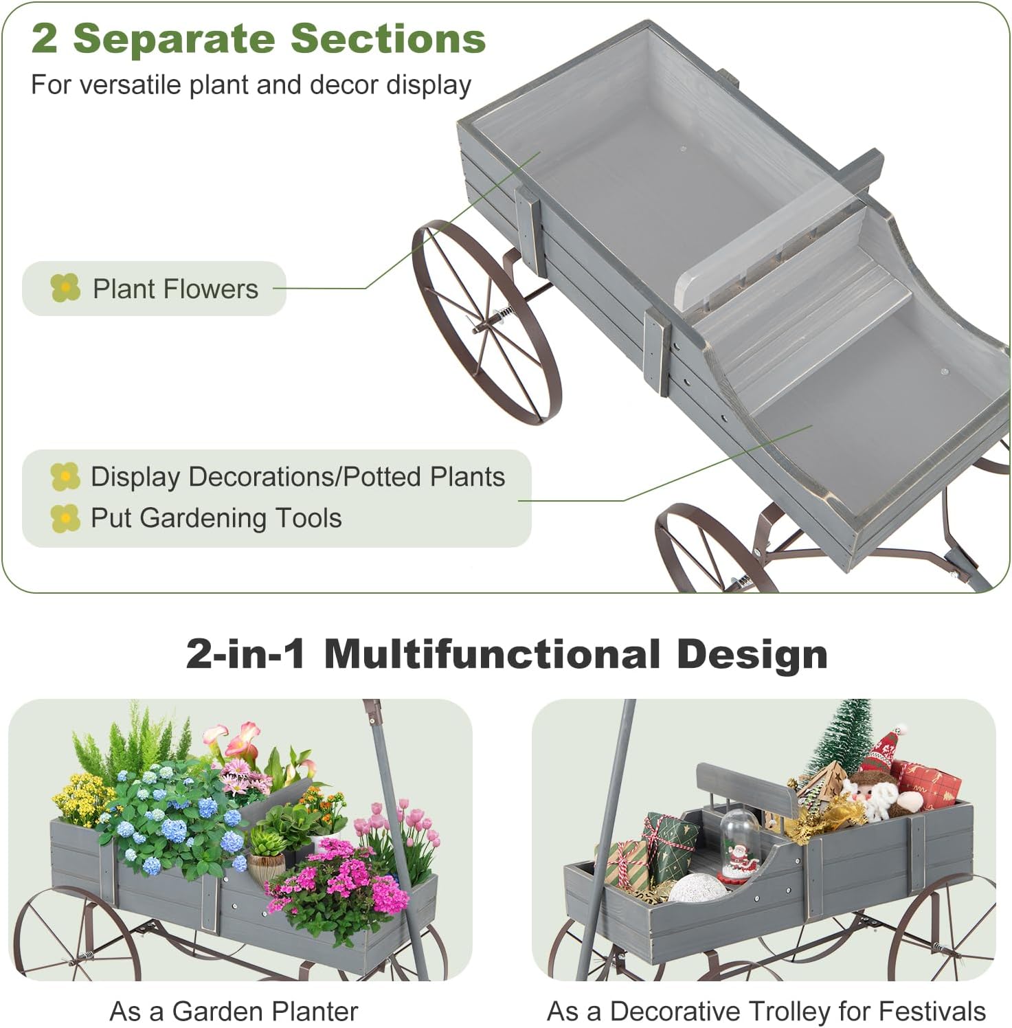 Wooden Wagon Planter, Decorative Garden Wheelbarrow Planter with 2 Planting Sections, Rolling Wheels, Adjustable Handle, Small Wagon Cart Planter Stand for Flowers Vegetables Herbs (Grey)