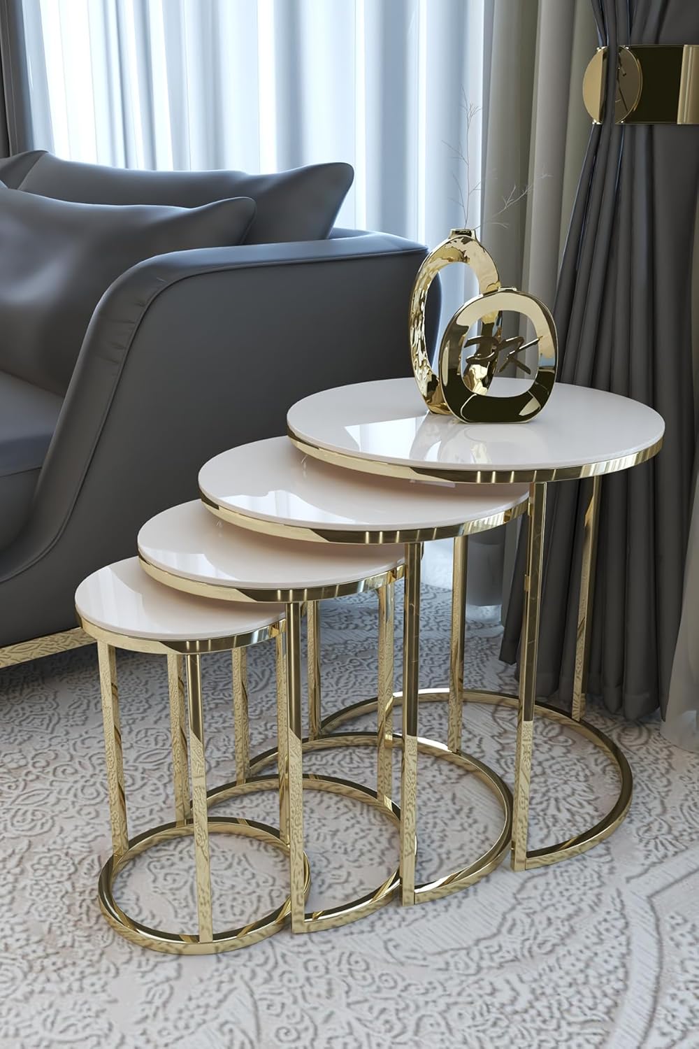 Modern 3-Piece Nesting Side Tables Set with Metal Legs and MDF Tops, White - Round Coffee Tables 20 in (50 cm) Diameter, Living Room Furniture