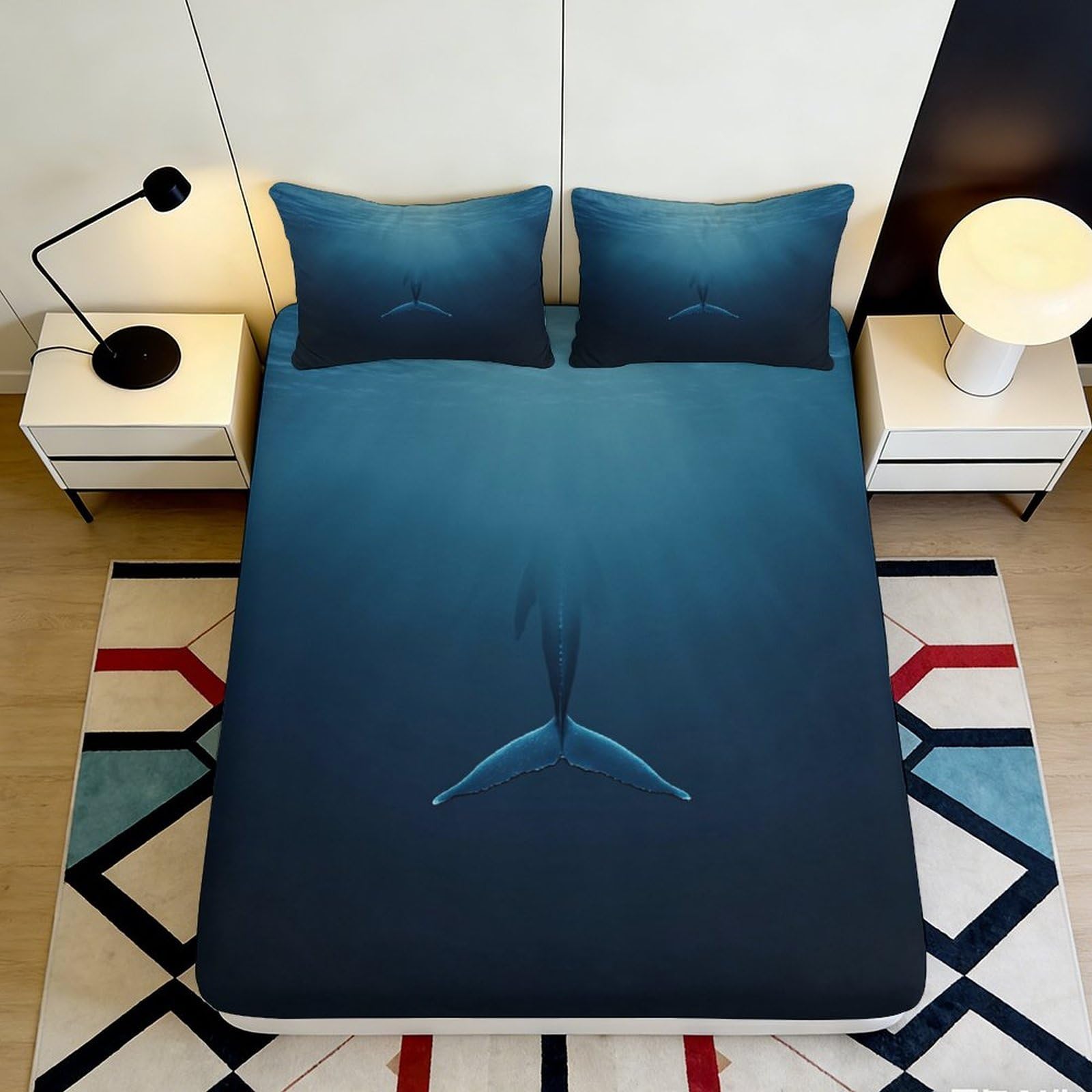 3D Printed Ocean Whale Tail Fitted Sheet Microfiber Deep Blue Sea Mattress Cover for Bedroom Dorm Mattress Protection Decor 120x200x25cm