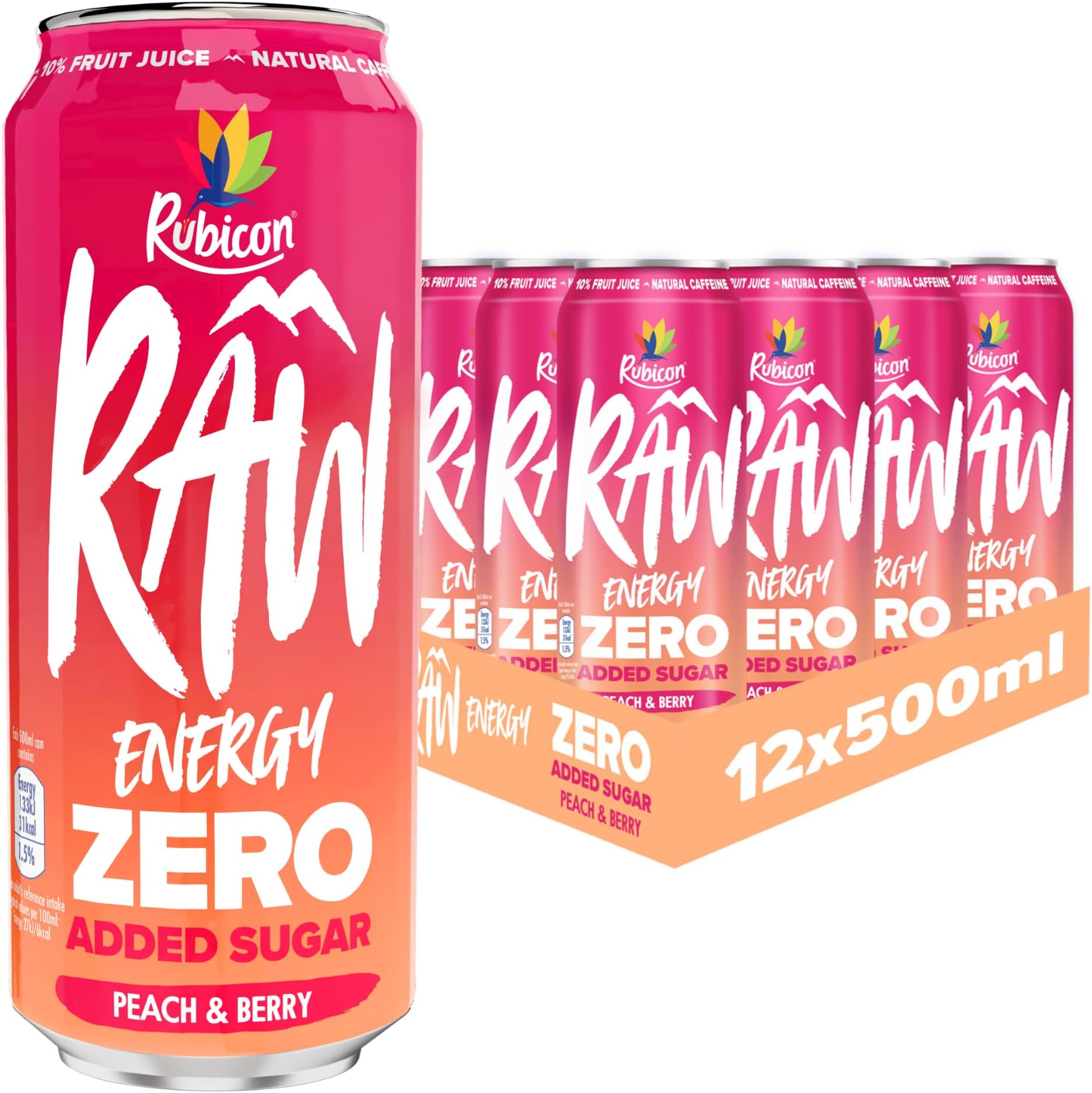 RAW 12 Pack Peach & Berry 500ml Energy Drink Zero Added Sugar + 10% Fruit Juice, High Caffeine with B-Vitamins, Ginseng & Guarana, Reduce Tiredness & Boost Energy