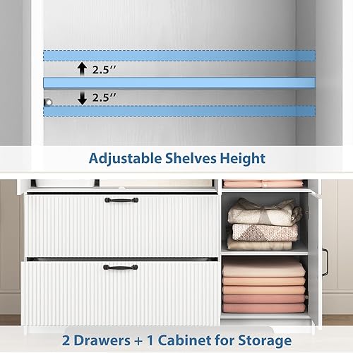 Miniatura 5 de Armario de 68.5 pulgadas con puerta de espejo, armario independiente moderno de 3 puertas de madera acanalada con 2 cajones y armario de