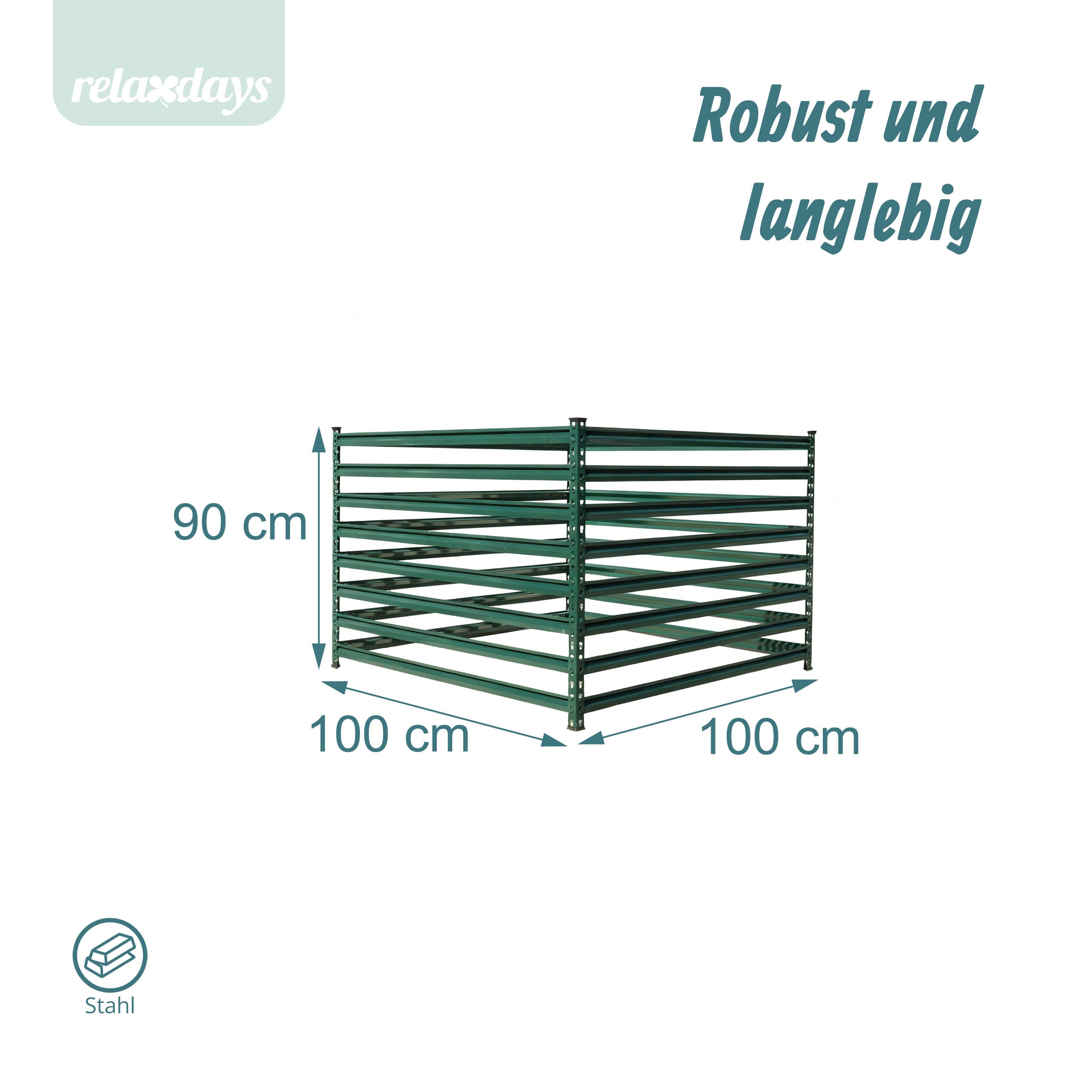 Relaxdays Komposter Metall, Biokomposter Garten, HBT: 90 x 100 x 100 cm, 900 Liter, Laubkomposter, Streben, Stahl, grün