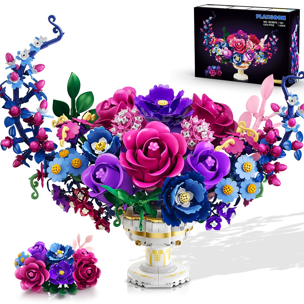 PLAXSOON Mond Blumen Bauspielzeugset mit Licht, Mondförmiges Rosen Blume Botanical Klemmbausteine, 1274 Stück Bonsai Pflanzenkollektion Home Dekor, Geschenk für Erwachsene Frauen Jungen Mädchen 12+