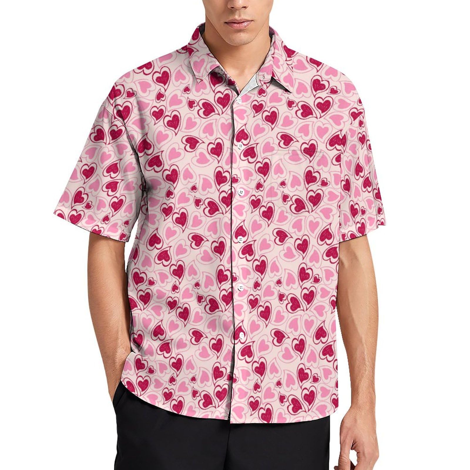 Lurhonp Men's Pink Heart Hawaiian Shirts Casual Short Sleeve Button Down Tropical Beach Shirt, Medium