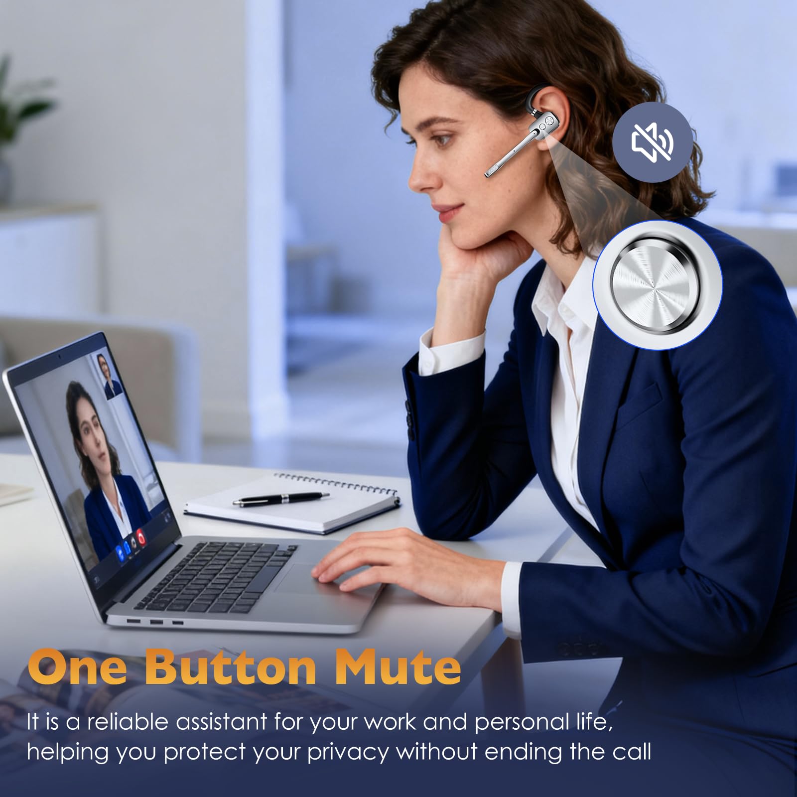 Bluetooth Headset V5.3 Wireless Freisprech Headset mit Dual Mic & Mute Funktion, 24h Spielzeit In Ear Kopfhörer für iOS Android