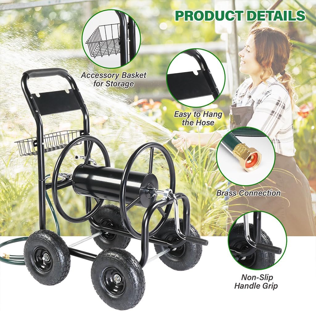 Garden Tools Hose Reel Cart, Heavy Duty Powder-Coated Steel Outdoor Planting with Storage Basket with Solid Tires Outside Portable Water Hose Organizer for Backyard, Garden, or Lawn,