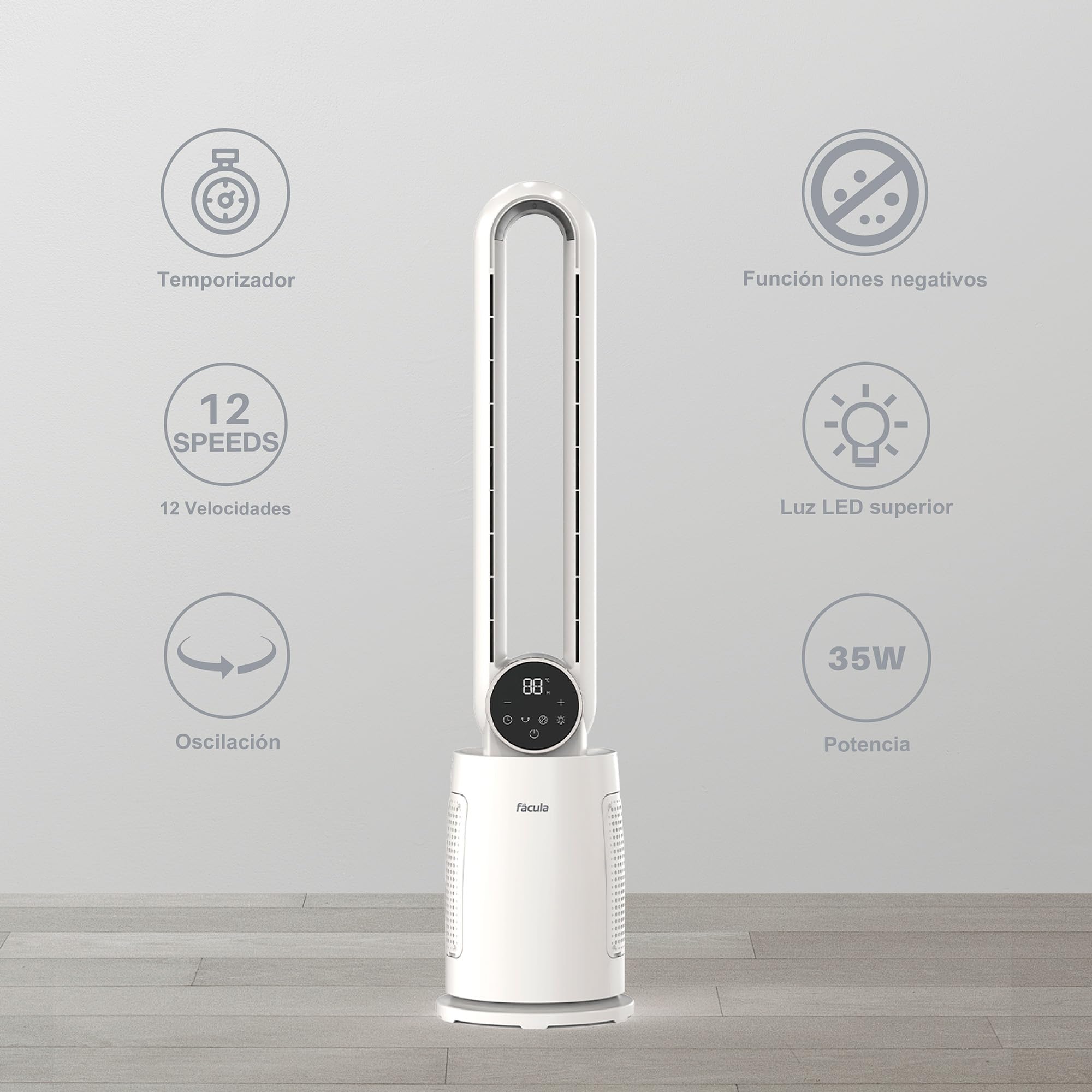 facula - Ventilador sin aspas Blizzar 30w | Luz LED superior | Temporizador | Ionizador | Mando a distancia | Motor DC