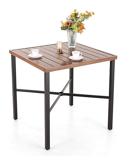 PHI VILLA Mesa de metal para exteriores de 36 x 36 pulgadas con agujero para sombrilla de 1.57 pulgadas, mesa cuadrada con tablero de madera de teca