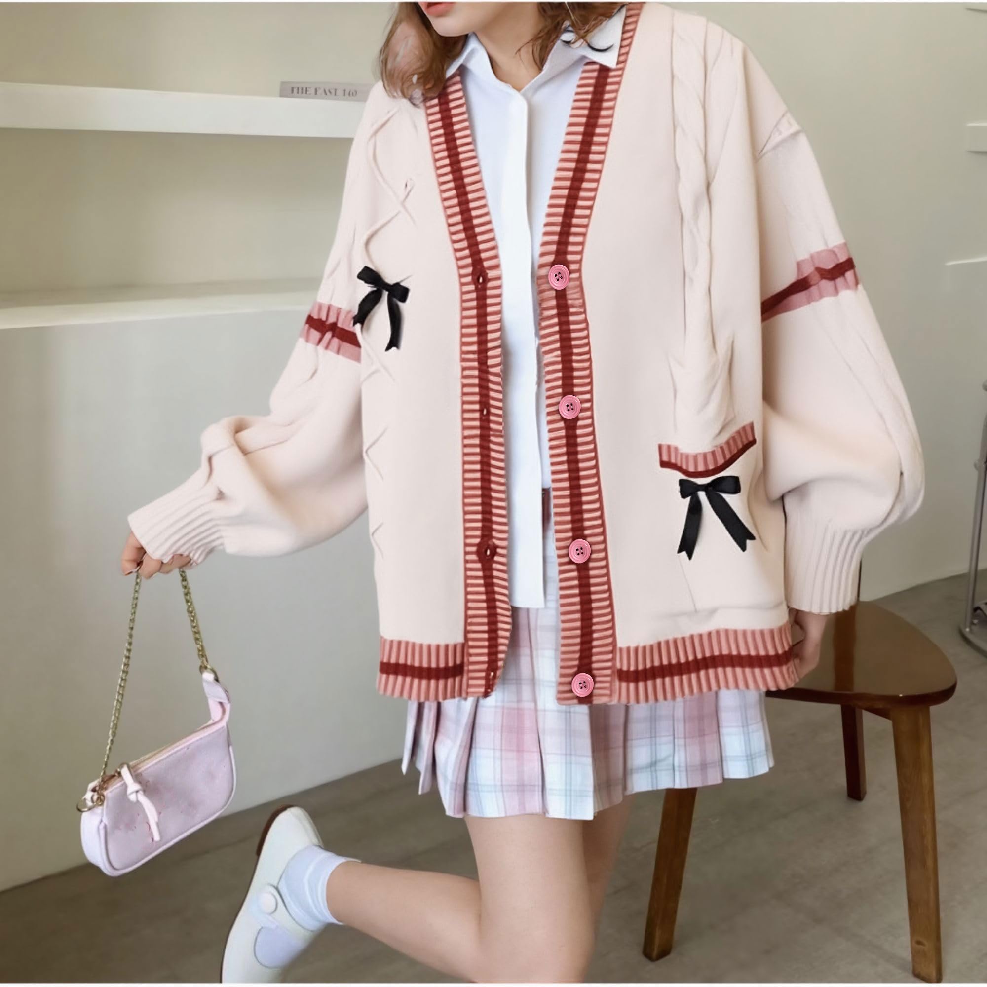 FindThy Women’s Kawaii JK School Uniform Cardigans Long Sleeve Button Up Cardigan with Pinned Bowknot: One Size Beige Red