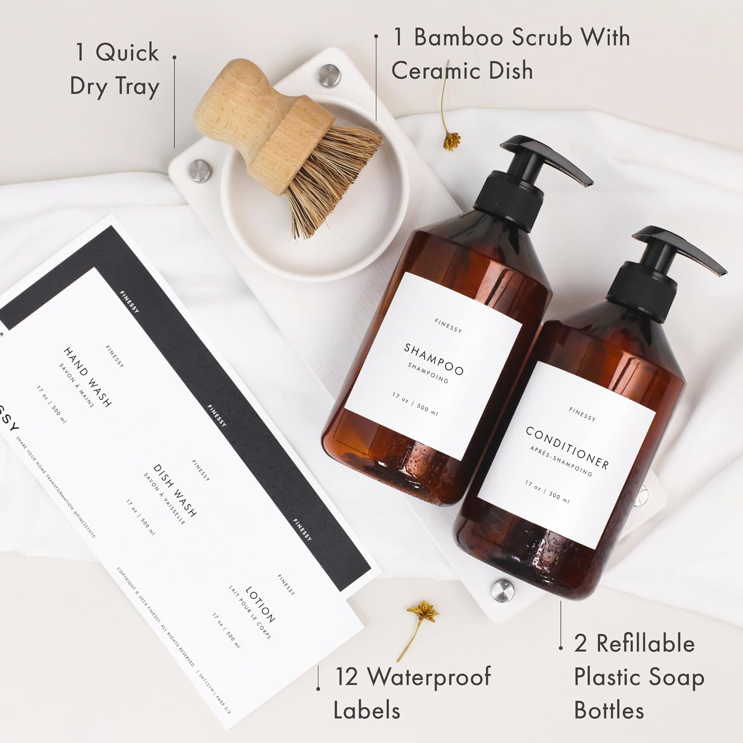 FINESSY Modern Hand and Dish Soap Dispenser Set for Kitchen Counter with Tray and Bamboo Brush, Kitchen Soap Dispenser Set with Tray Refillable Dual Containers Also for Dishwashing Liquid and Lotion - Image 6