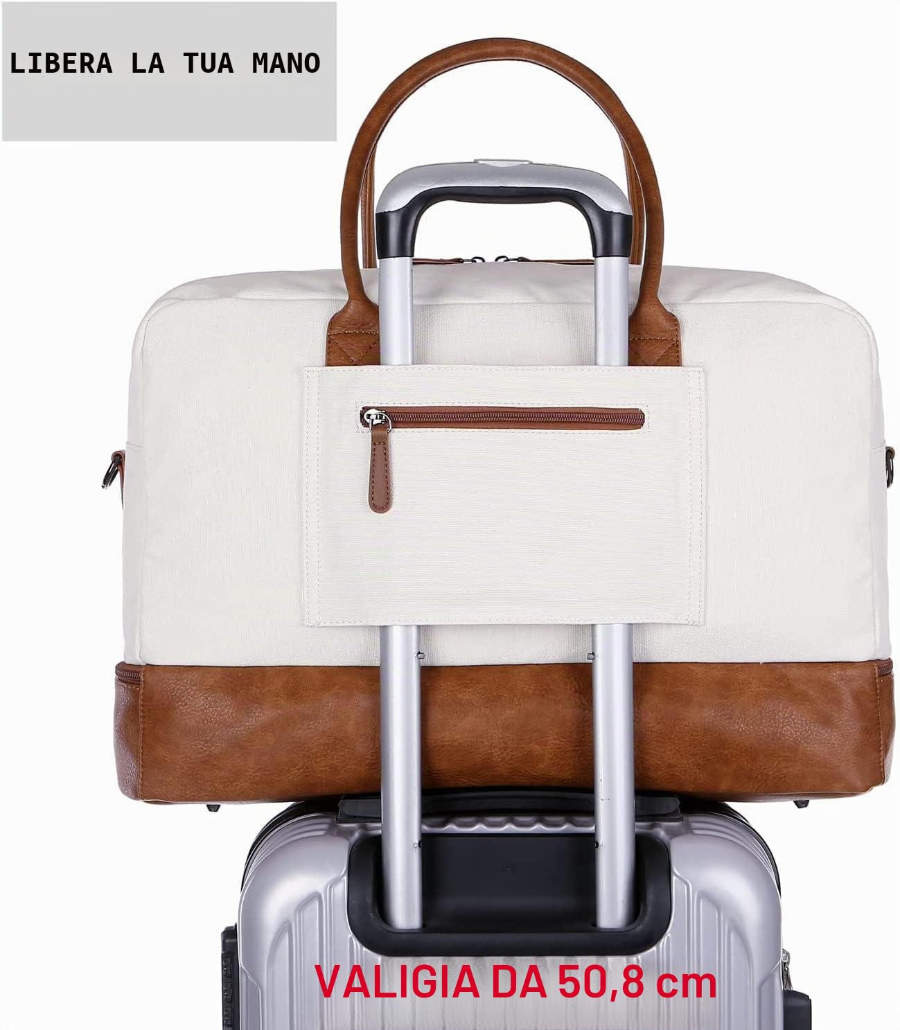 Borsa da viaggio in tela da donna, borsa weekend, canvas, borsa da viaggio, borsa da viaggio, bagaglio a mano, con scomparto per scarpe e beauty case, HB-10, Bianco/beige, 50.8 x 33.5 x 25.4 cm
