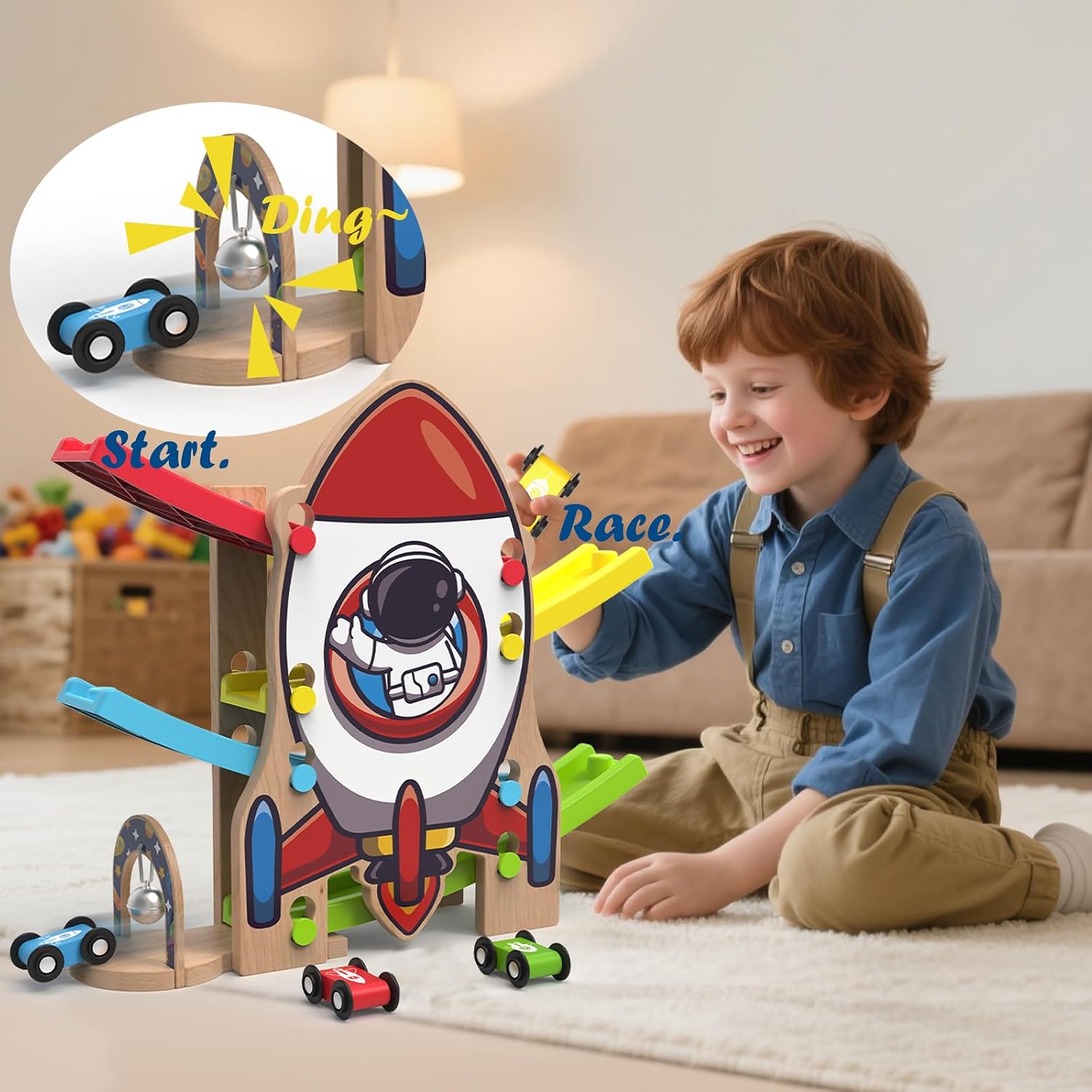 Rocket Wooden Race Track with 4 Cars for Toddlers 2-4 image 3