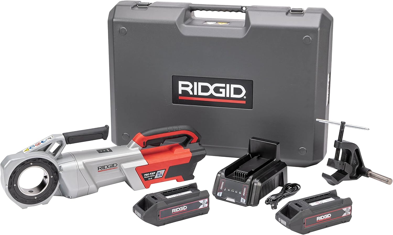 RIDGID 760 FXP Cordless Power Drive with 11-R Tool, 2 Batteries, Charger, Support Arm, and Case, Battery-Powered Pipe Threading Machine
