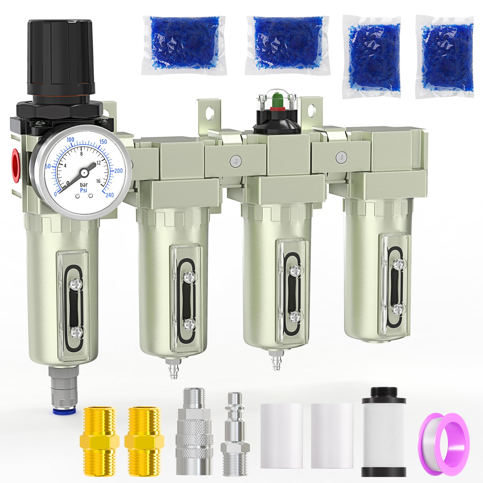 1/2" NPT Heavy Duty Industrial Grade 4 Stage Air Drying System,Auto Drain,Coalescing Filter,Double Particulate Filter,Desiccant Dryer and Air Regulator For Plasma Cutter and Paint Spray