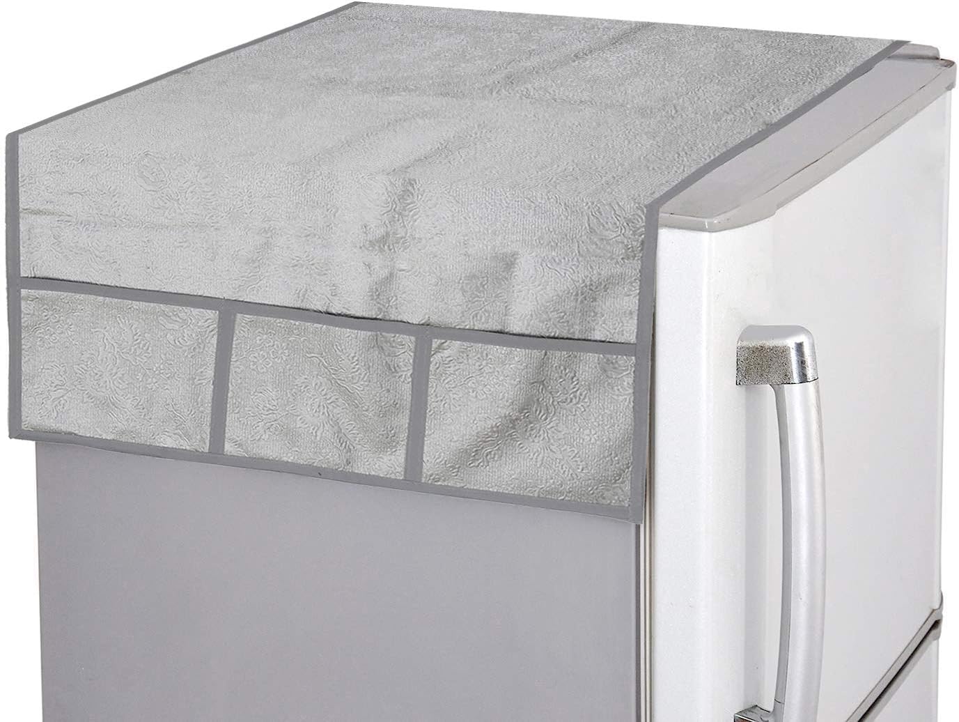 Kuber Industries Fridge/Refrigerator Top Cover|Flower Design & Water Proof PVC|6 Utility Pockets, Size 98 x 54 CM (Silver)-CTKTC039619