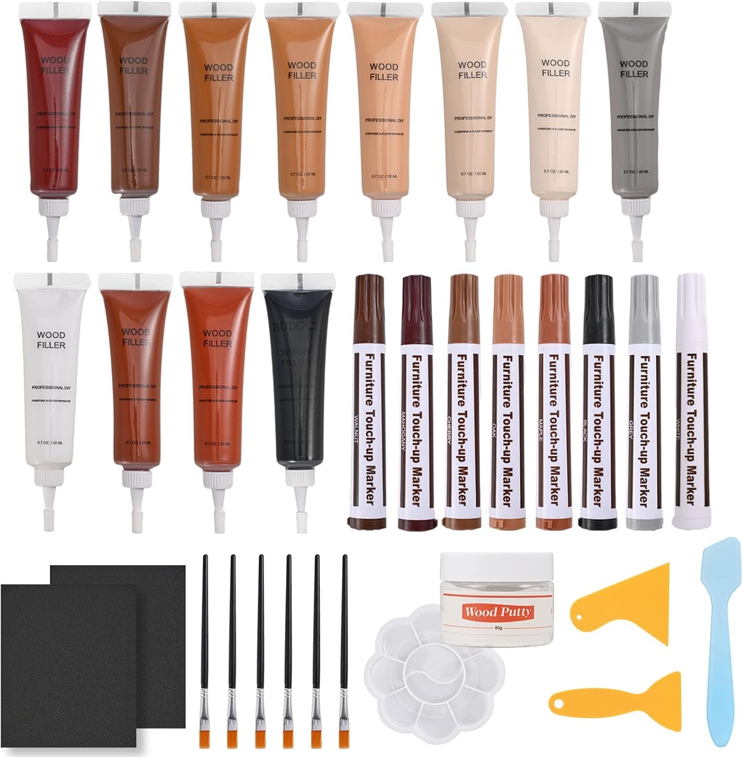 Furniture Wood Repair Kit, Wood Markers for Scratches,12 Colors Wood Fillers for Stains and 8 Colors Furniture Markers Touch-up, Scratch, Cracks, Hole