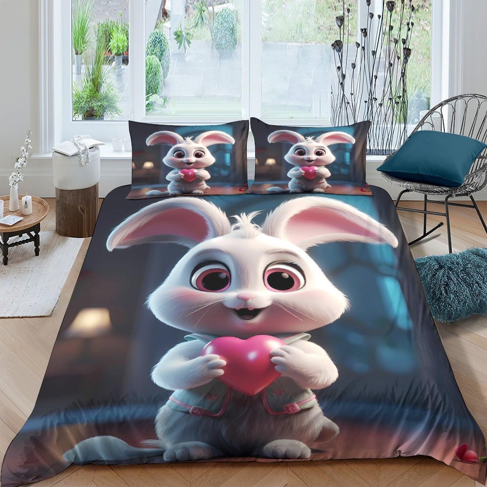 Ctjqhvkz Style-3 3D Printed Cute Bunny Fitted Sheet Microfiber Soft Bedroom Decor Heart Gift Bed Cover For Adult Youth Kids Single（135X200cm）