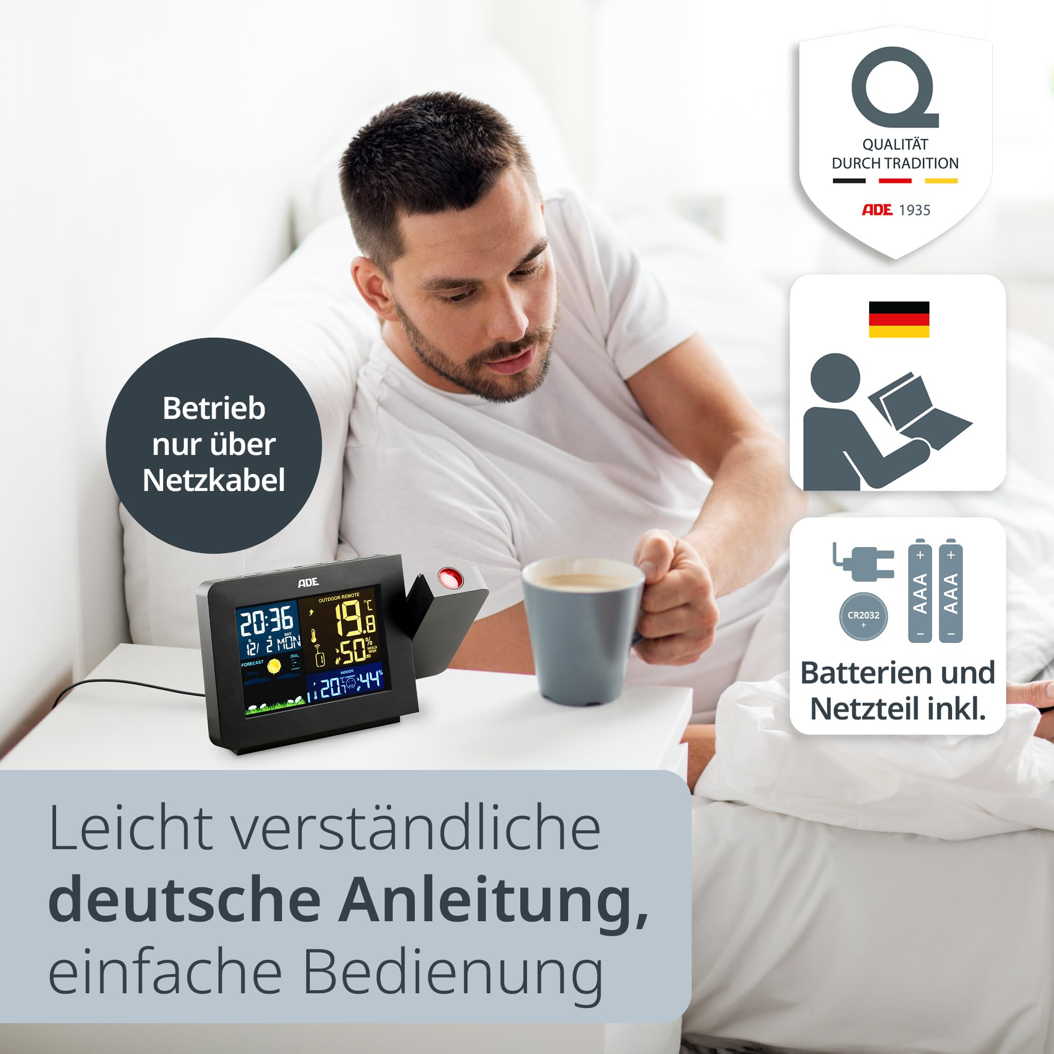 ADE Funkwecker mit Projektion | Funk Wetterstation mit Außensensor | Hygrometer und Thermometer für innen und außen | Projektionswecker | digital mit Netzteil | schwarz