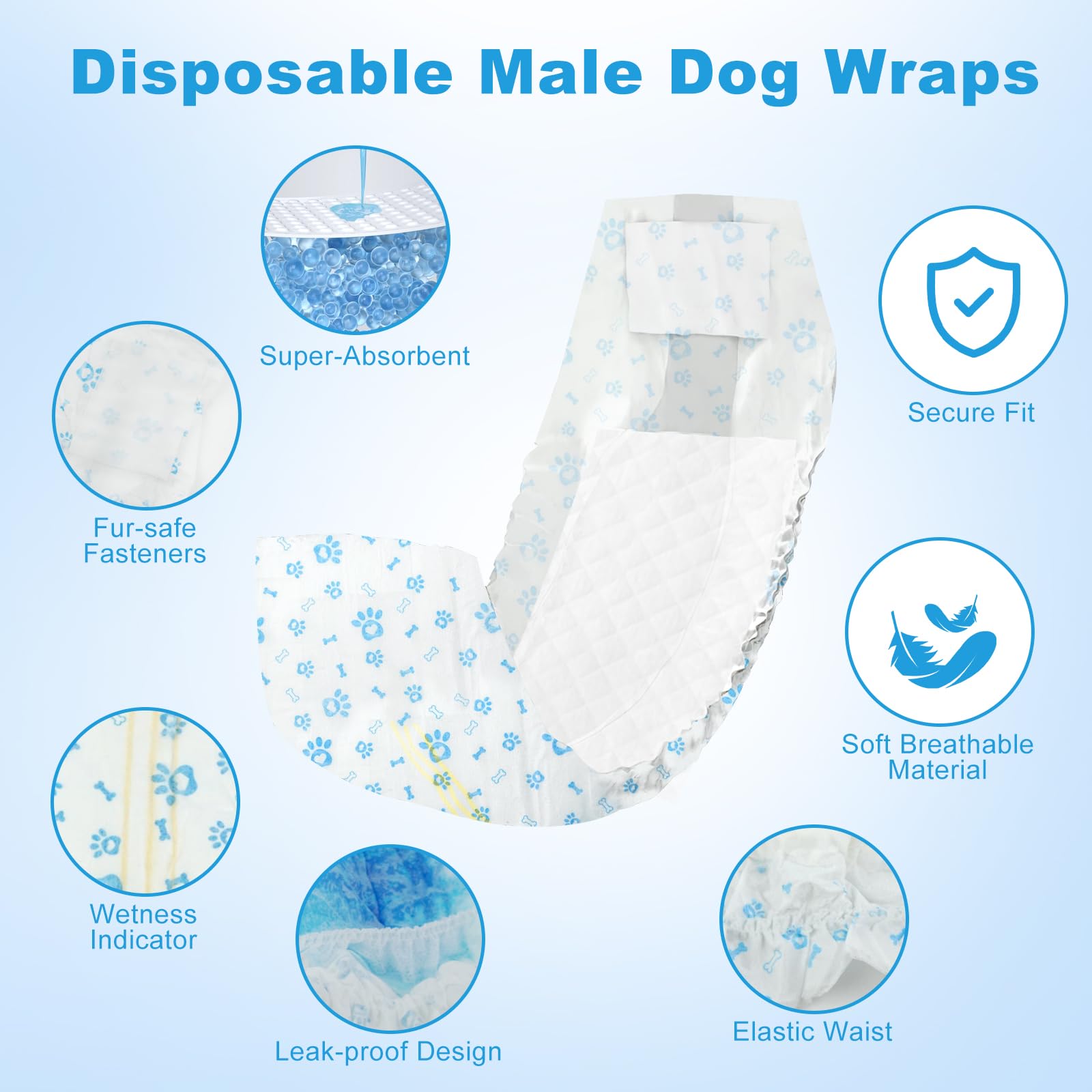 Disposable Dog Diapers Male 96 Count Belly Bands for Bale Dogs (Waist 11-16.5 in S) Super Absorbent Small Doggie Diapers for Heat Excitable Urination or Incontinence - Blue