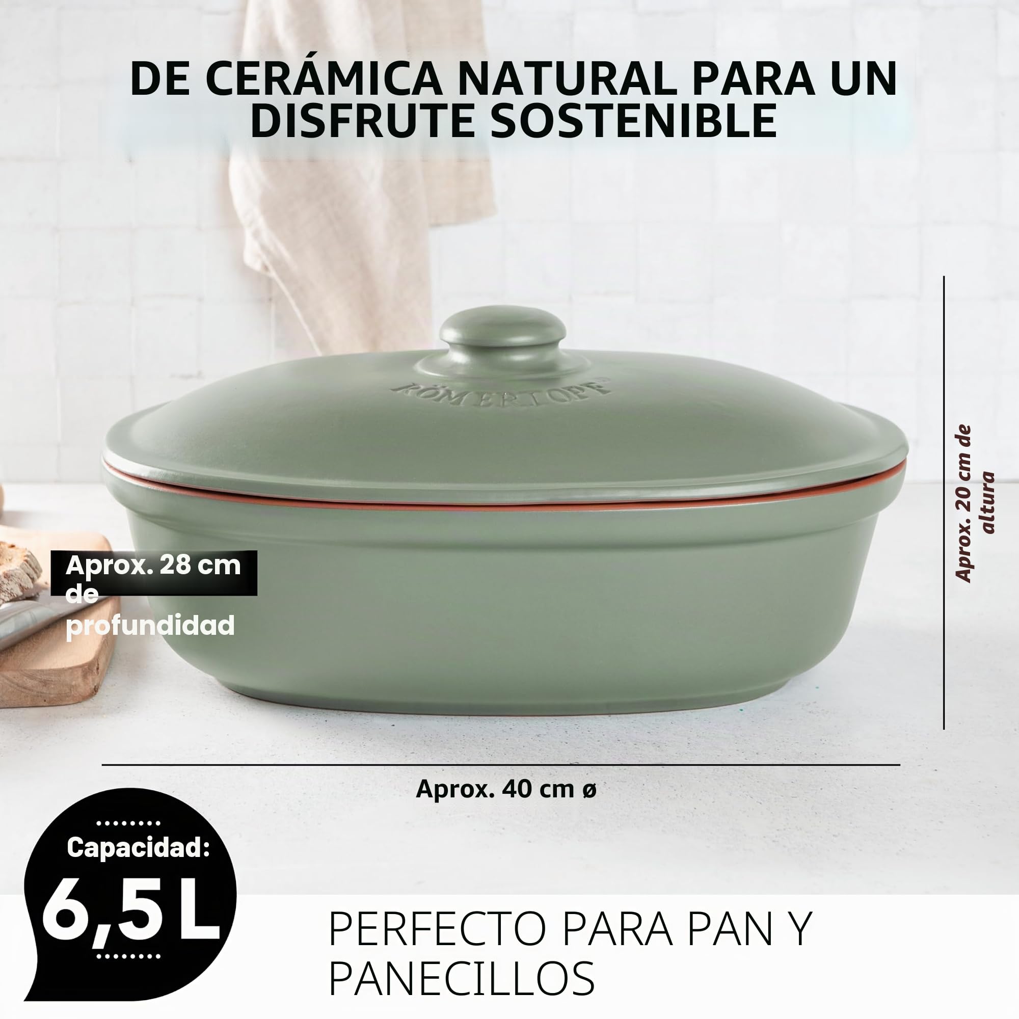 Römertopf Panera ovalada de cerámica 6,5 L, verde, 39,5 cm de largo