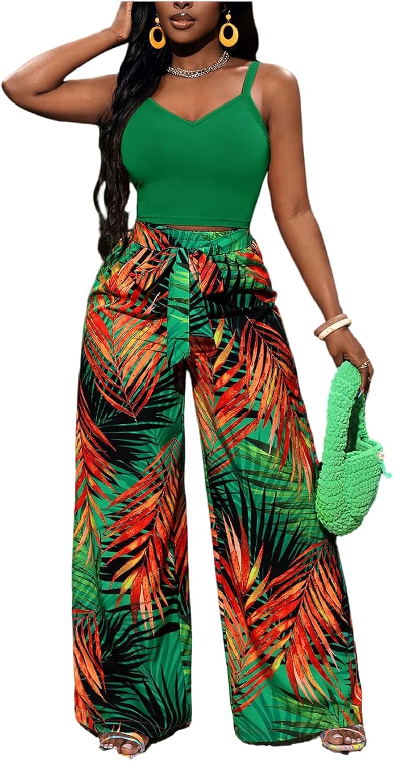 SOLY HUX Women's Summer Vacation Clothes 2 Piece Outfit Camisole Top and Tropical Pants Cruise Wear