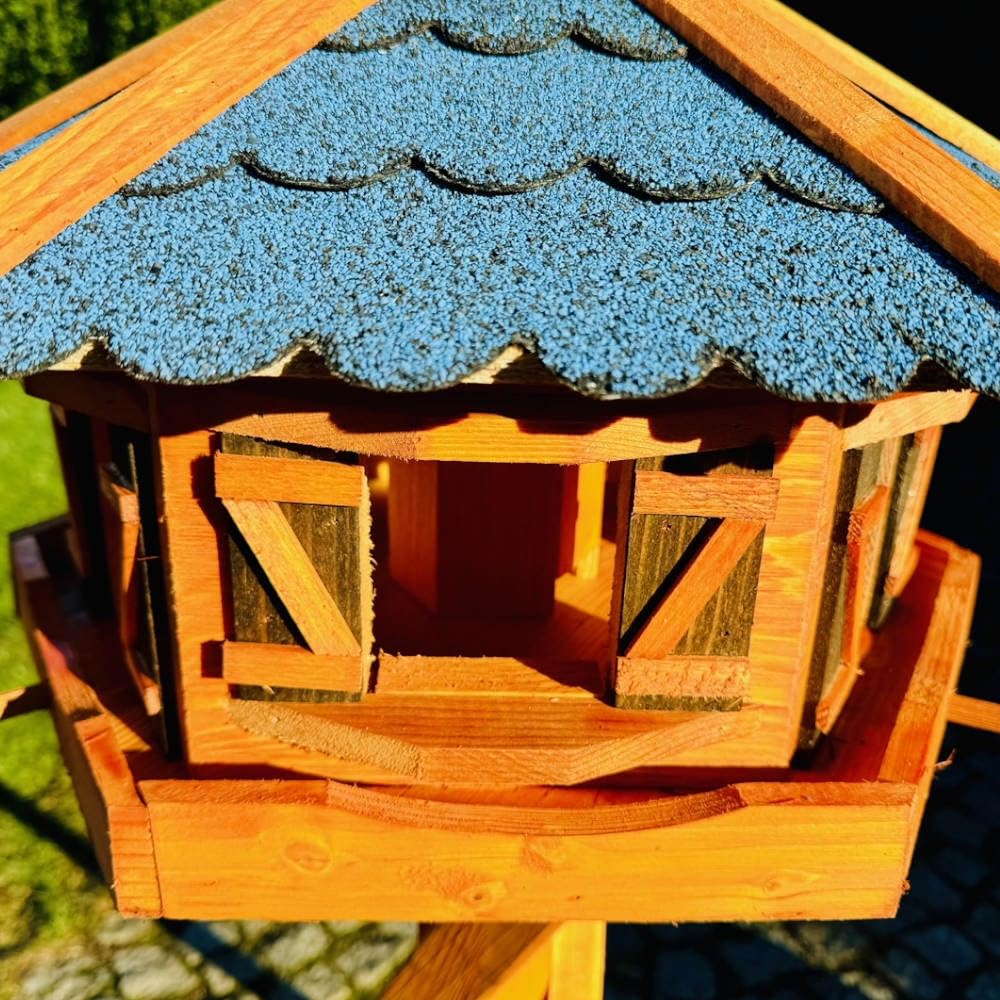 Comedero para pájaros XL hexagonal, de madera y tejas bituminosas, con y sin soporte, XL con soporte, color azul - marrón