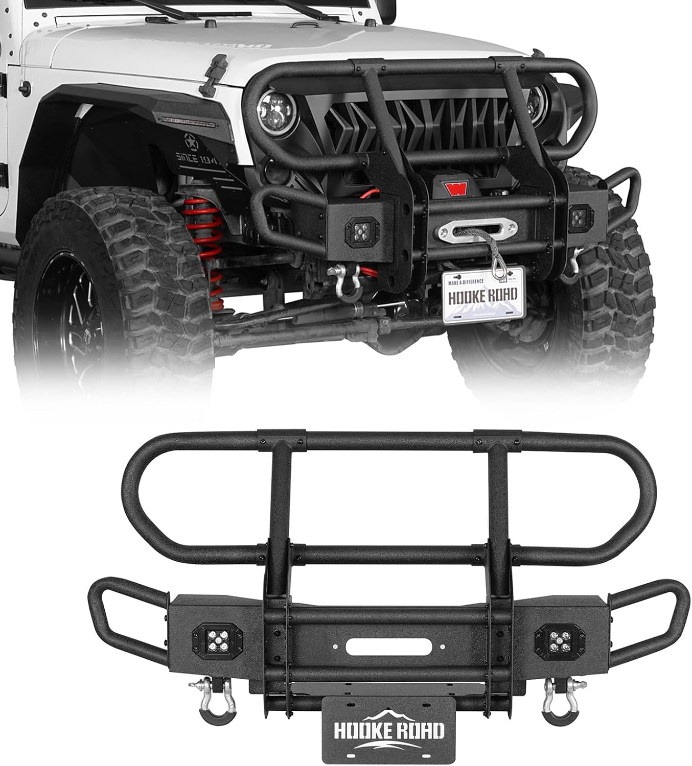 Hooke Road Wrangler Stubby Front Bumper Brush Guard Bull Bar for 2007-2018 Jeep Wrangler JK & Unlimited 2/4 Doors, Rock Crawler Tubular Offroad Bumper with Winch Plate, Lights & D-rings