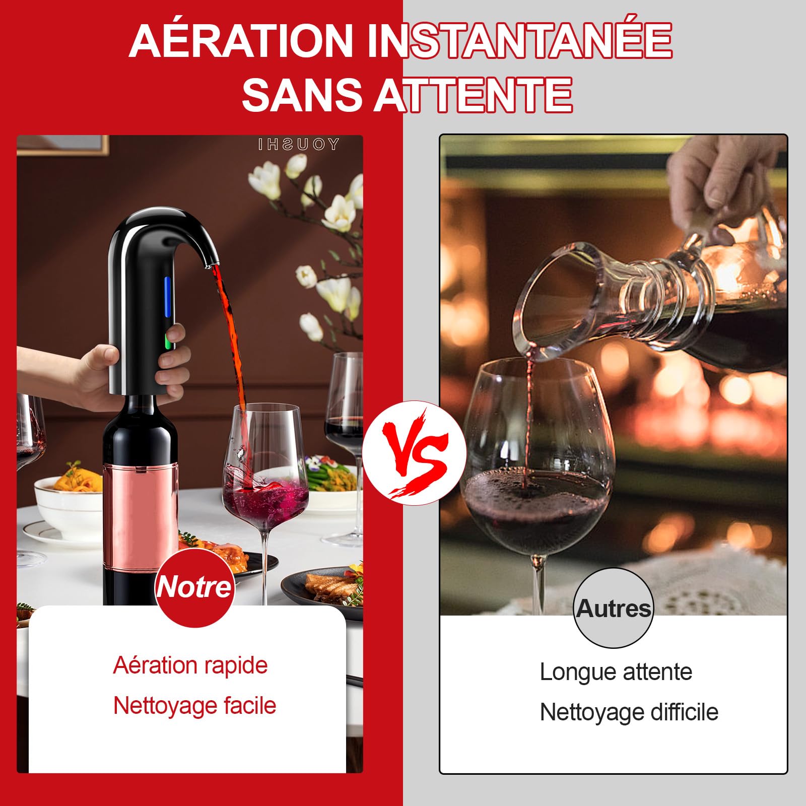 Cadeau Fête des Pères - Aérateur à vin électrique, Décanteur à vin électrique distributeur de vin automatique à un bouton Oxygénation rapide du vin rouge (Noir)