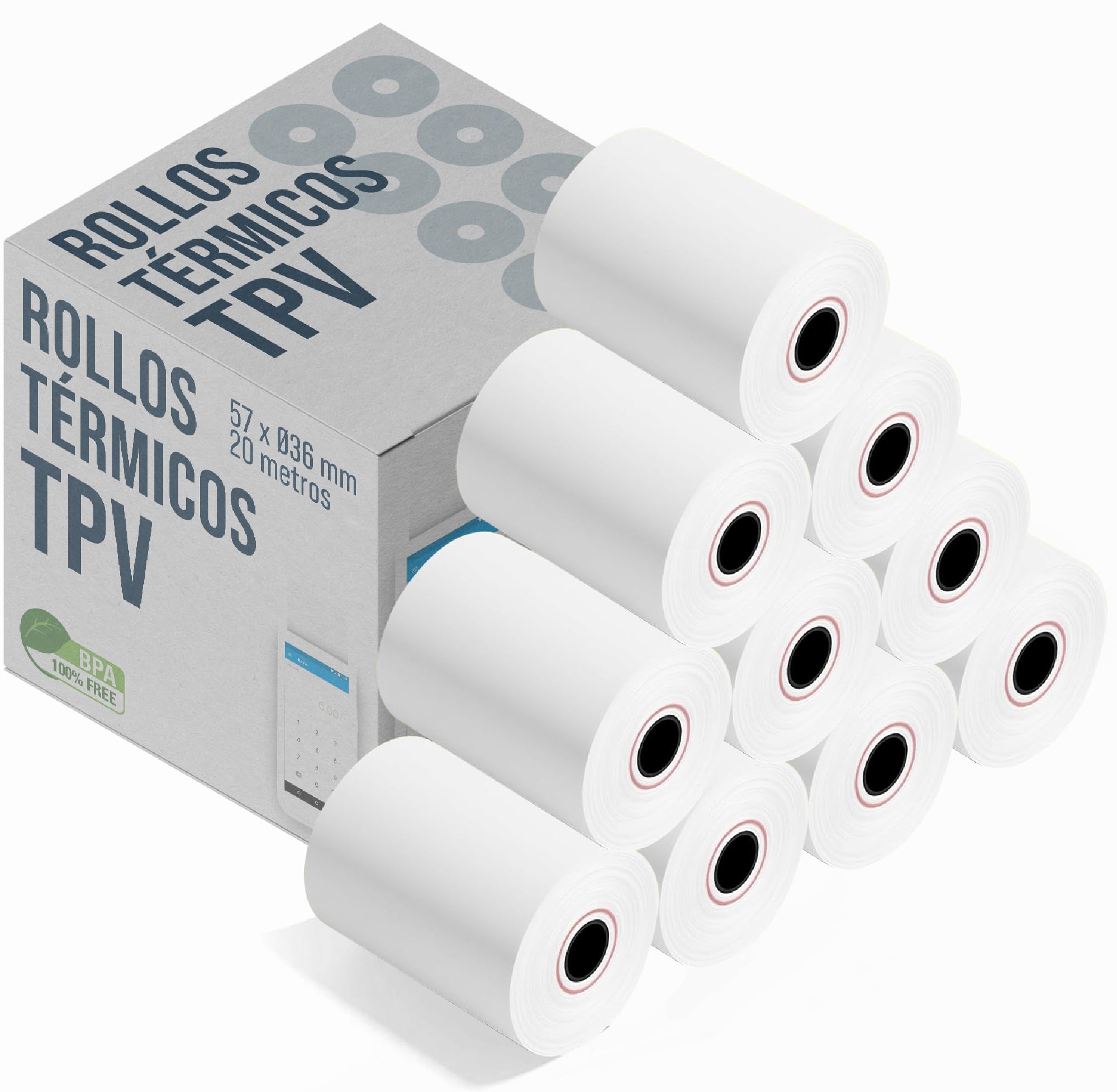 100 Rollos Térmicos TPV 57x36 mm | 20 m | Papel Térmico para TPV, Caja Registradora, Impresoras de Tickets – Compatible con Nexi, SumUp, Ingenico, Verifone, Olivetti, Smart POS