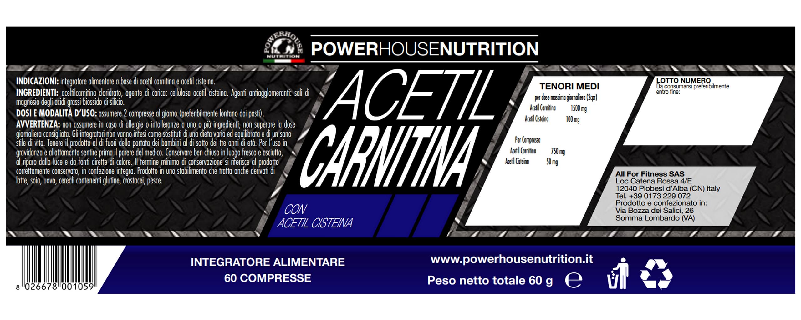 ACETIL CARNITINA 1500mg - Alto Dosaggio - 2 Mesi Fornitura - Powerhouse Nutrition, Acetil L-Carnitina e Cisteina - Favorisce Aumento Massa, Attenua Stress Fisico, 60 compresse