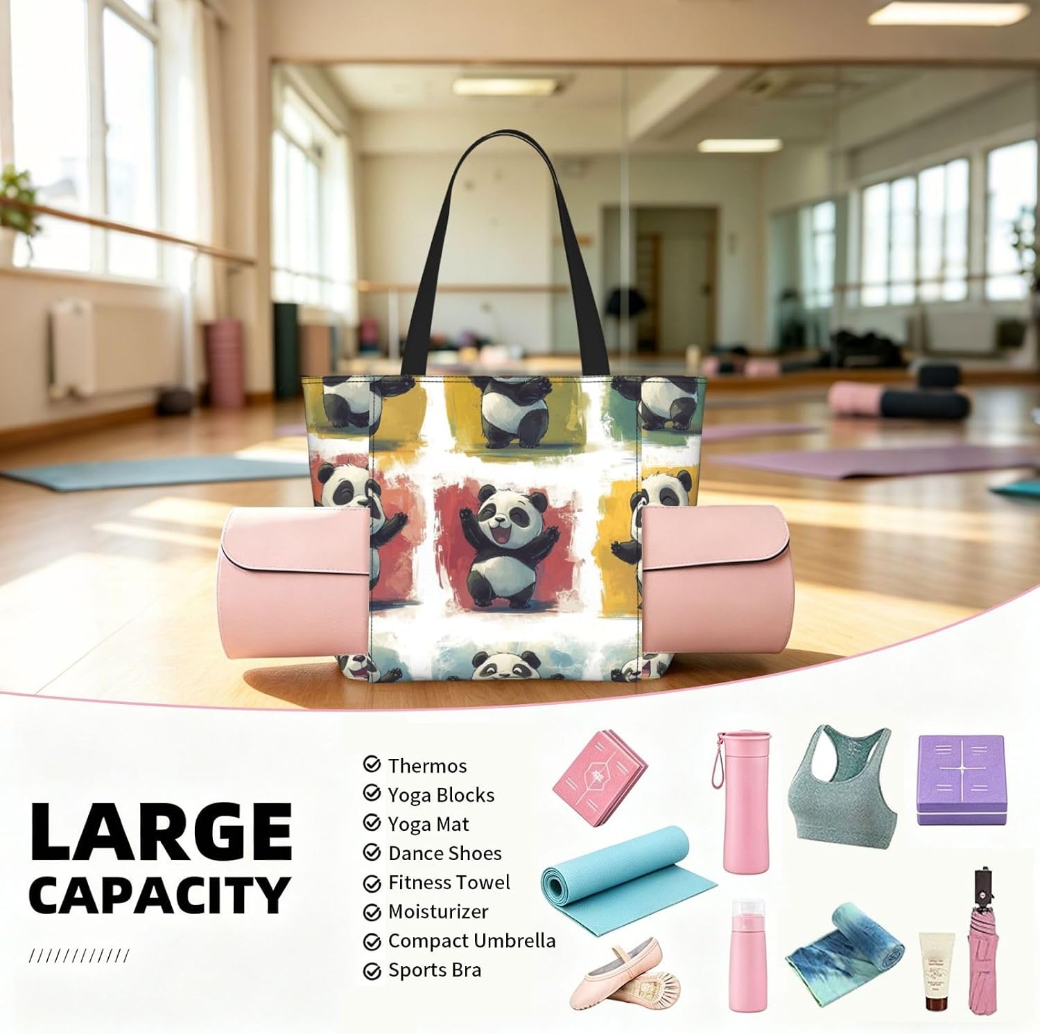 Women Cute-Panda-Dance Yoga Mat Bag Gym Tote image 4